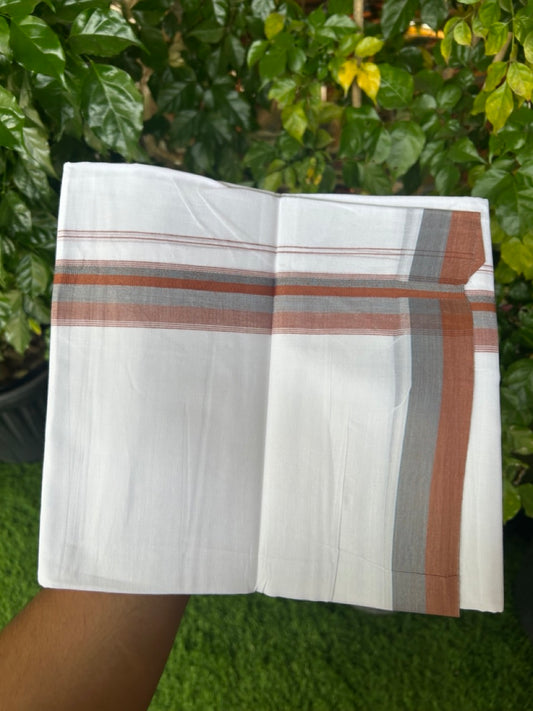 20% Discount ! Kaitharikada Balaramapuram 100% Cotton Pure White Double Mundu/Dothi - 100x80 - 1.5 inch Peacock Blue & Light Brown Shaded Striped Kara 4 mtr (8.5 muzham) - 51 KK5255 VAS