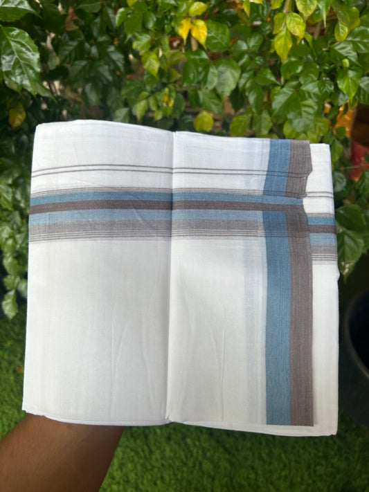 20% Discount ! Kaitharikada Balaramapuram 100% Cotton Pure White Double Mundu/Dothi - 100x80 - 1.5 inch Peacock Blue & Purple Brown Shaded Striped Kara 4 mtr (8.5 muzham) - 50 KK5255 VAS