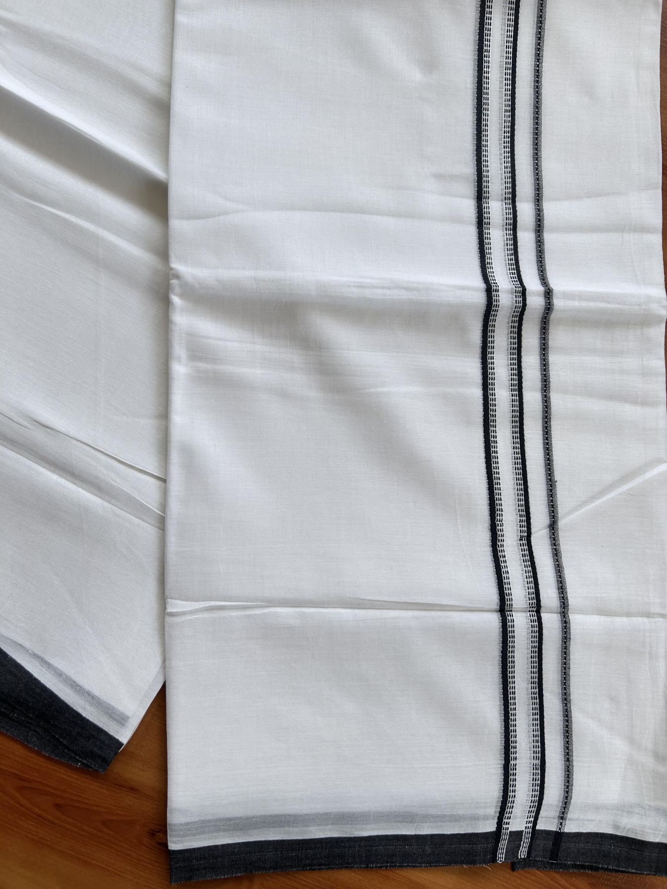 Double Pure White Mundu/Dothi - 20% Discount ! Kaitharikada Balaramapuram Cotton - 60s - 0.75 Inch Navy Blue Striped Kara 3.90 mtr (8 muzham) - 14 KK5437 VAS
