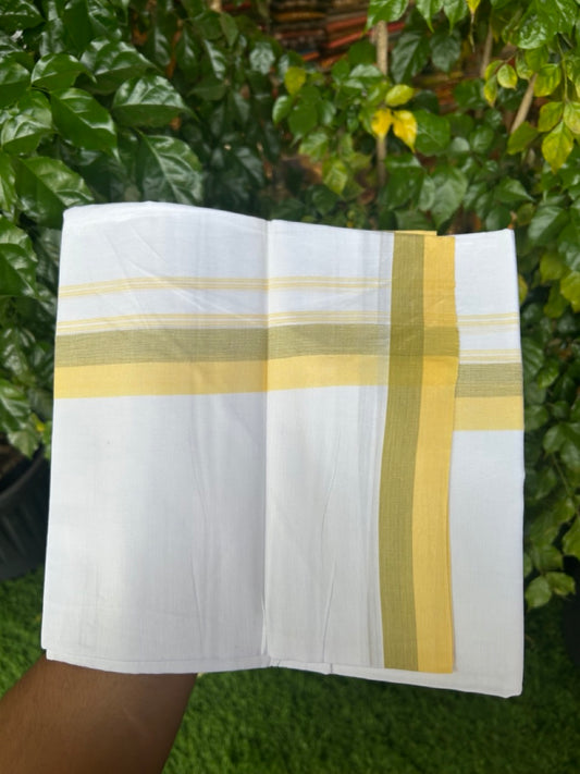 20% Discount ! Kaitharikada Balaramapuram 100% Cotton Pure White Double Mundu/Dothi - 100x80 - 1.75 inch Yellow & Olive Green Kara 4 mtr (8.5 muzham) - 38 KK5255 VAS