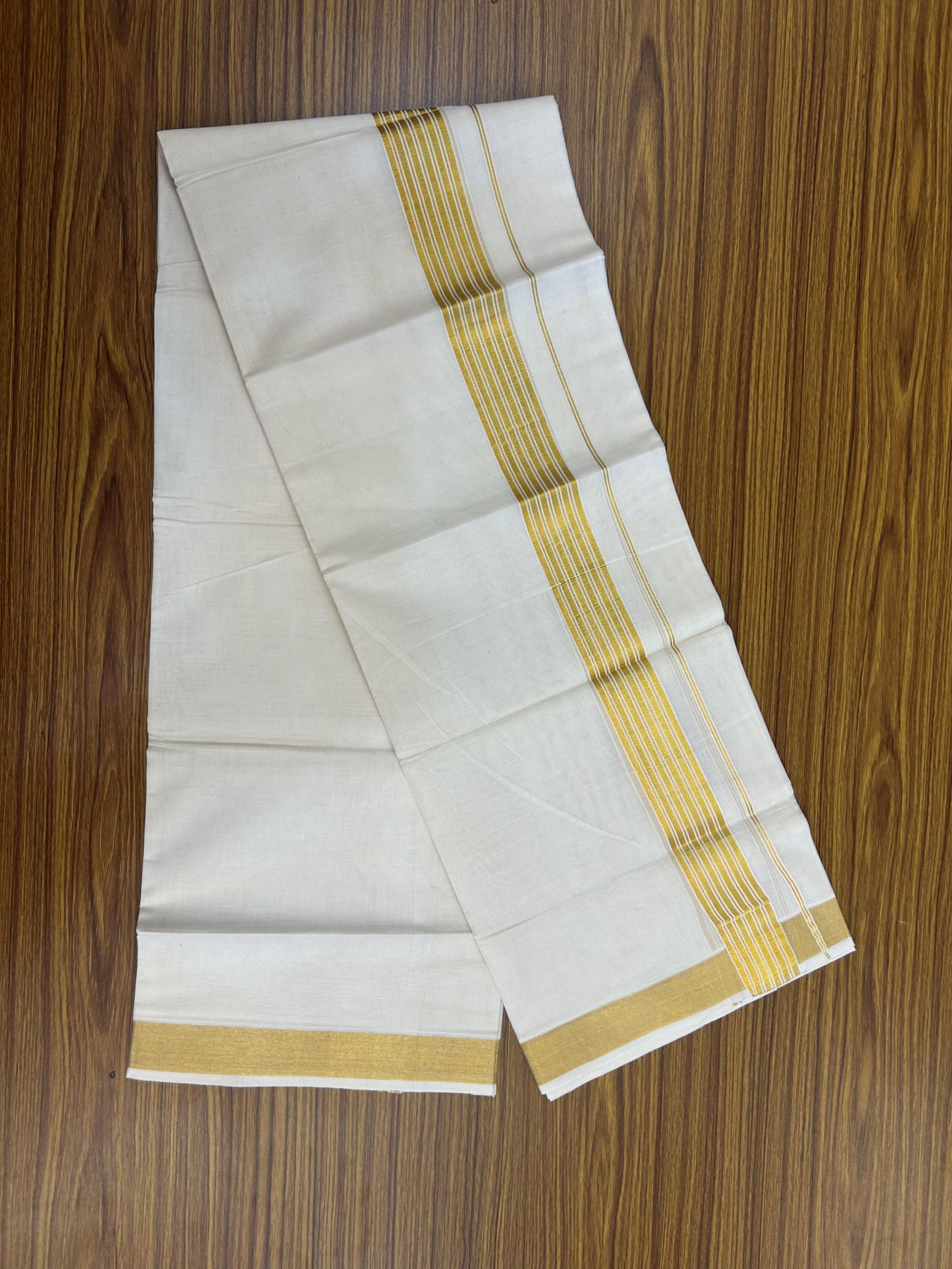 20% Discount! KaithariKada Balaramapuram 100% Cotton Double Off white - (Unbleached) - Mundu/Dhoti - 80s - 1.75 inch Gold Kasav Stripes Kara 4 mtr (8.5 muzham) - 62 KK5357 VAS