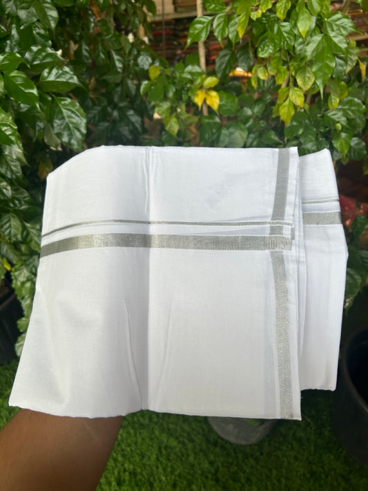 20% Discount ! Kaitharikada Balaramapuram 100% Cotton Pure White Double Mundu/Dothi - 100x80 - 1 cm Silver Kasav Kara 4 mtr (8.5 muzham) - 36 KK5255 VAS