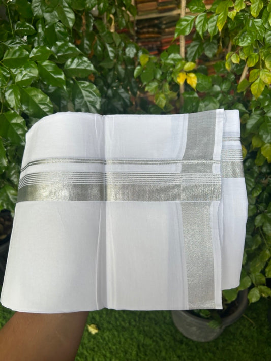 20% Discount ! Kaitharikada Balaramapuram 100% Cotton Pure White Double Mundu/Dothi - 100x80 - 1.5 inch Silver Kasav Side Striped Kara 4 mtr (8.5 muzham) - 35 KK5255 VAS