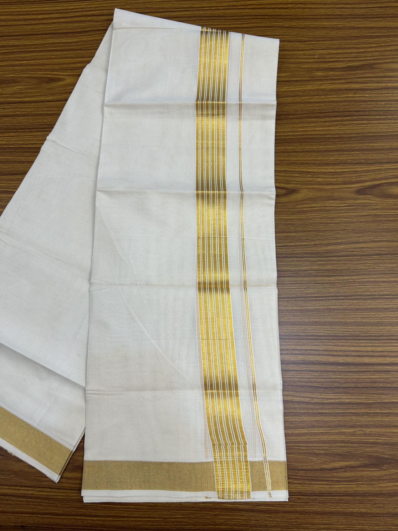 20% Discount! KaithariKada Balaramapuram 100% Cotton Double Off white - (Unbleached) - Mundu/Dhoti - 80s - 1.75 inch Gold Kasav Stripes Kara 4 mtr (8.5 muzham) - 62 KK5357 VAS