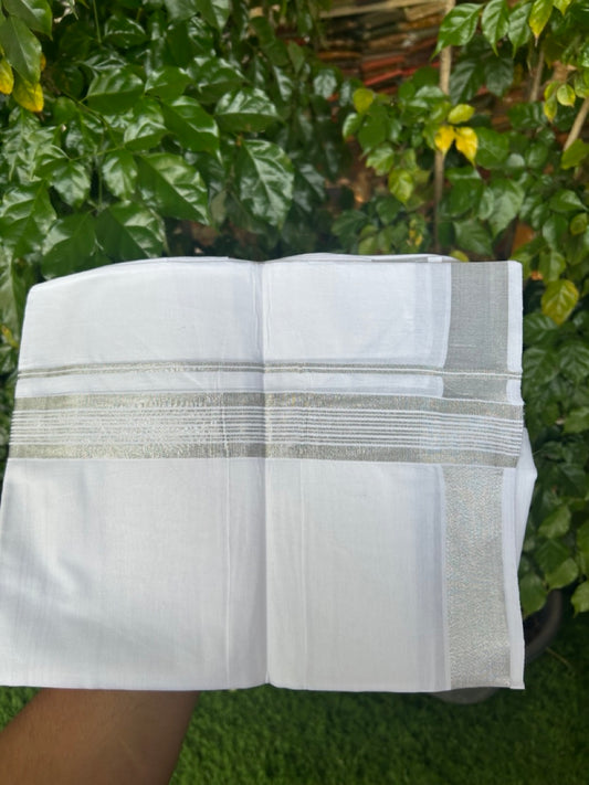 20% Discount ! Kaitharikada Balaramapuram 100% Cotton Pure White Double Mundu/Dothi - 100x80 - 1.5 inch Silver Kasav Striped Kara 4 mtr (8.5 muzham) - 34 KK5255 VAS