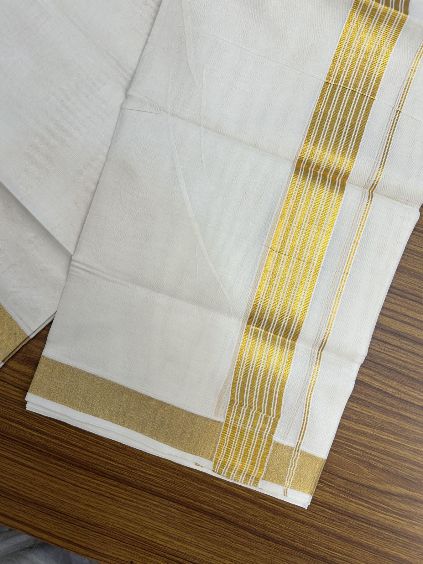 20% Discount! KaithariKada Balaramapuram 100% Cotton Double Off white - (Unbleached) - Mundu/Dhoti - 80s - 1.75 inch Gold Kasav Stripes Kara 4 mtr (8.5 muzham) - 62 KK5357 VAS