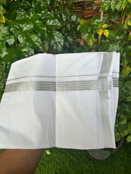 20% Discount ! Kaitharikada Balaramapuram 100% Cotton Pure White Double Mundu/Dothi - 100x80 - 1 inch Silver Kasav Striped Kara 4 mtr (8.5 muzham) - 33 KK5255 VAS
