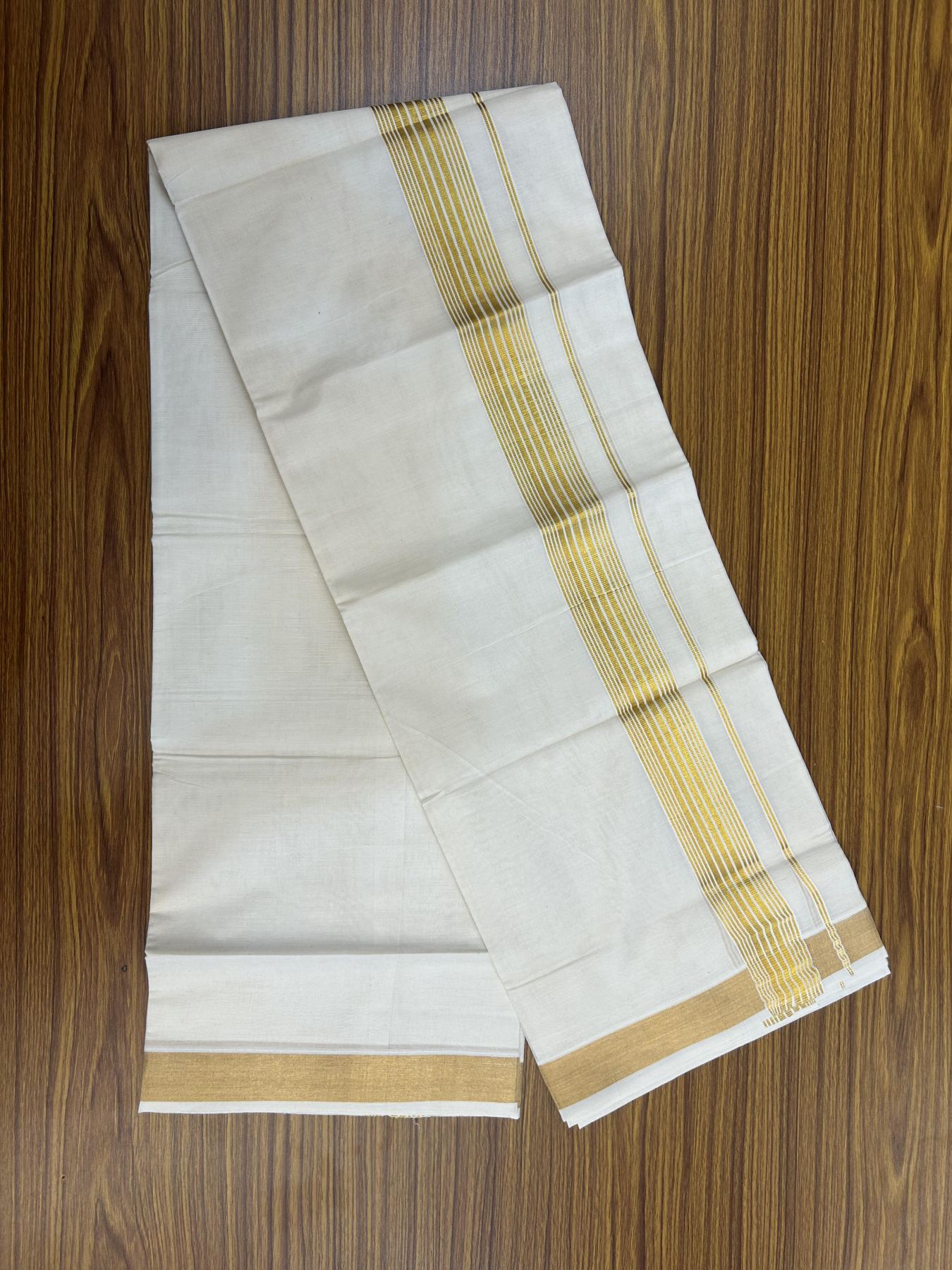 20% Discount! KaithariKada Balaramapuram 100% Cotton Double Off white - (Unbleached) - Mundu/Dhoti - 80s - 1.75 inch Gold Kasav Stripes Kara 4 mtr (8.5 muzham) - 61 KK5357 VAS