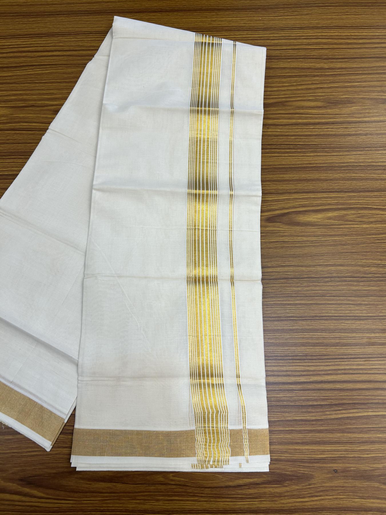 20% Discount! KaithariKada Balaramapuram 100% Cotton Double Off white - (Unbleached) - Mundu/Dhoti - 80s - 1.75 inch Gold Kasav Stripes Kara 4 mtr (8.5 muzham) - 61 KK5357 VAS