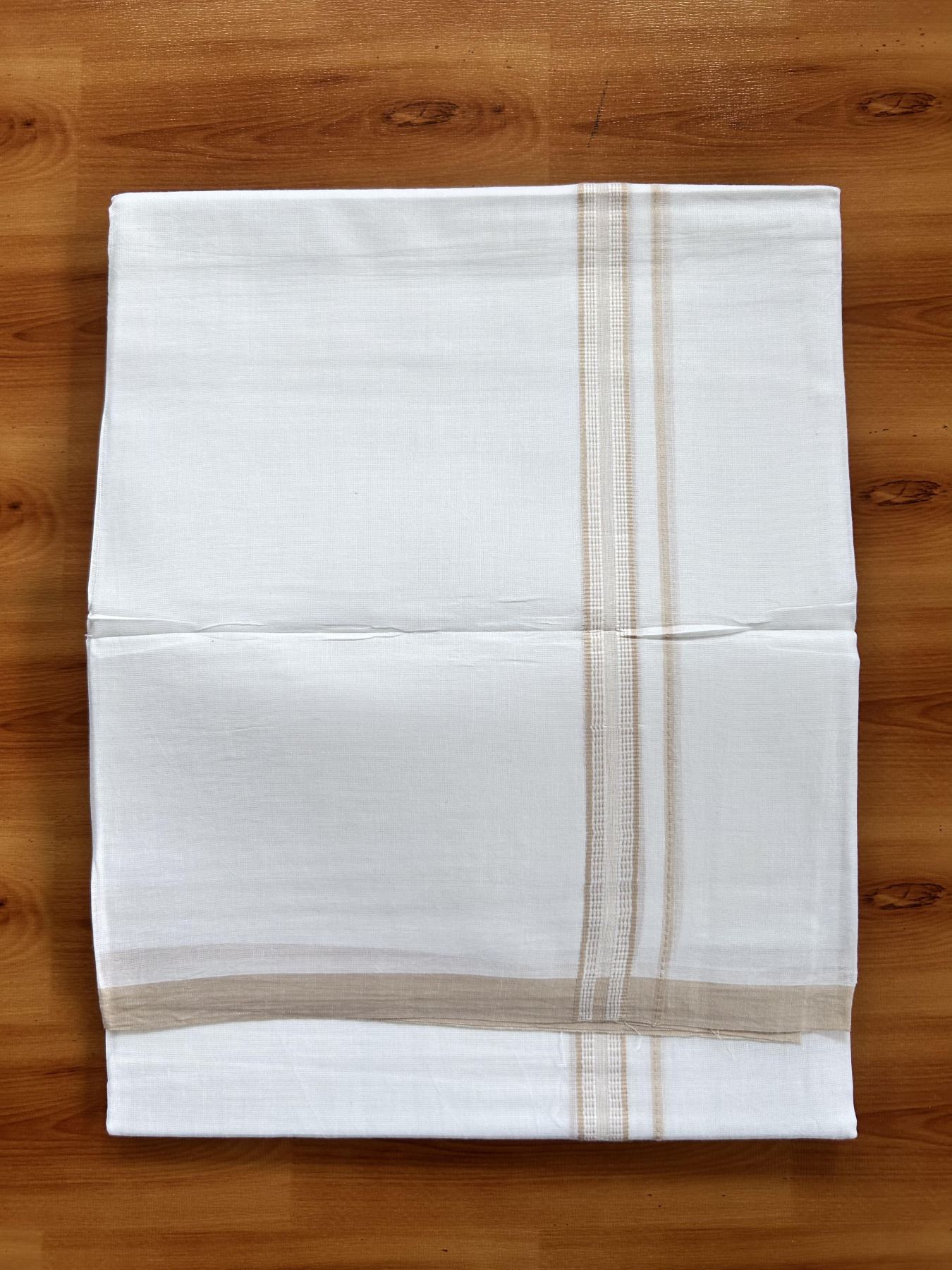 Double Pure White Mundu/Dothi - 20% Discount ! Kaitharikada Balaramapuram Cotton - 60s - 0.75 Inch Beige Striped Kara 3.90 mtr (8 muzham) - 13 KK5437 VAS