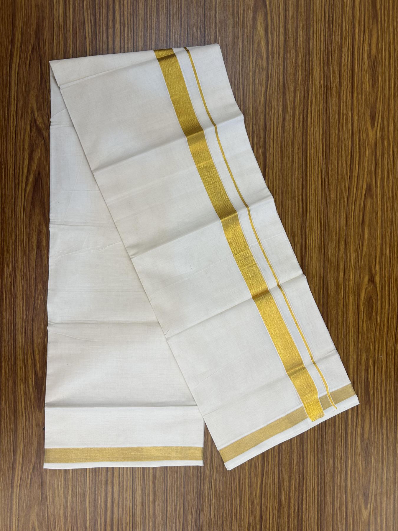 20% Discount! KaithariKada Balaramapuram 100% Cotton Double Off white - (Unbleached) - Mundu/Dhoti - 80s - 1 inch Gold Kasav Kara 4 mtr (8.5 muzham) - 60 KK5357 VAS
