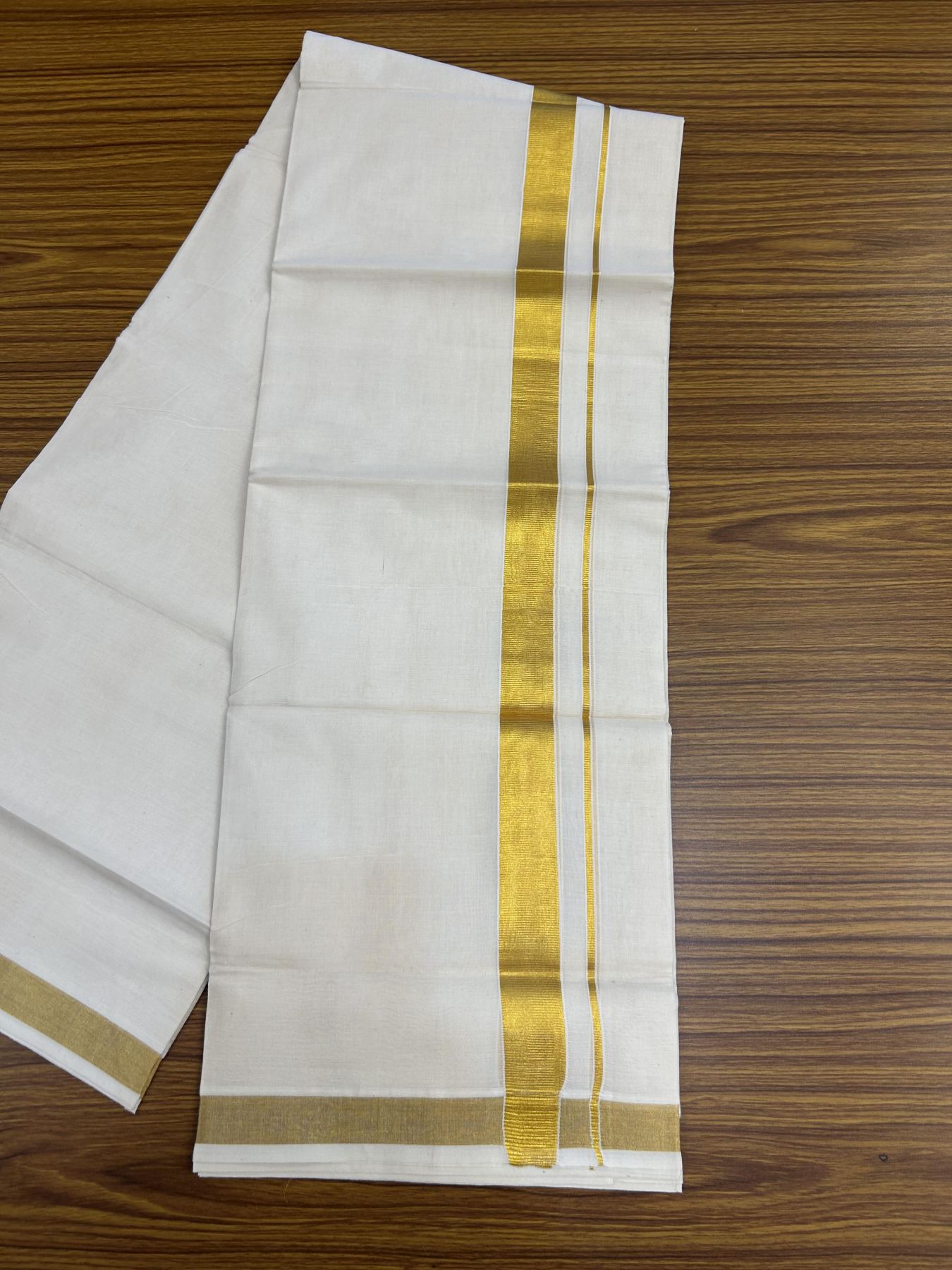 20% Discount! KaithariKada Balaramapuram 100% Cotton Double Off white - (Unbleached) - Mundu/Dhoti - 80s - 1 inch Gold Kasav Kara 4 mtr (8.5 muzham) - 60 KK5357 VAS
