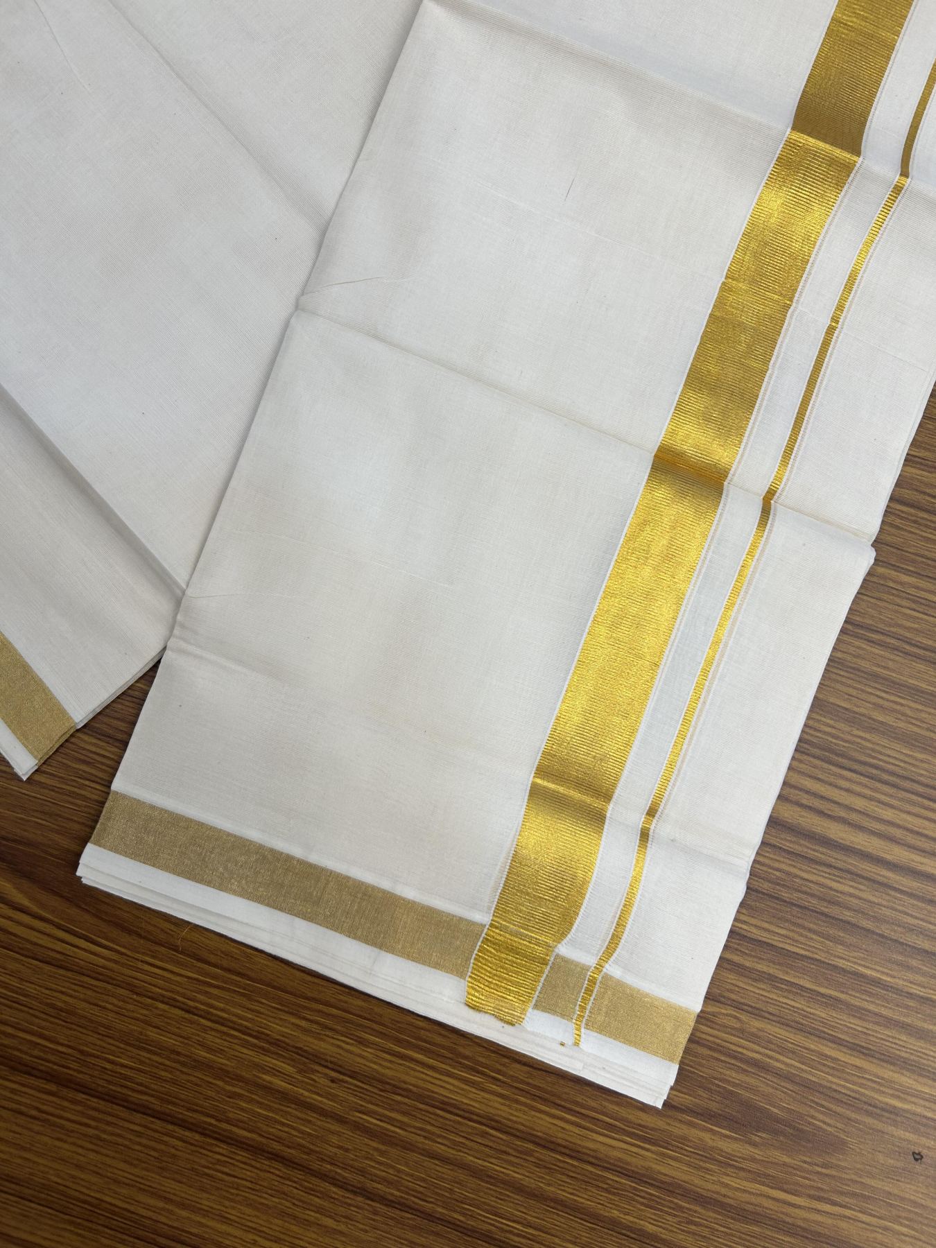 20% Discount! KaithariKada Balaramapuram 100% Cotton Double Off white - (Unbleached) - Mundu/Dhoti - 80s - 1 inch Gold Kasav Kara 4 mtr (8.5 muzham) - 60 KK5357 VAS