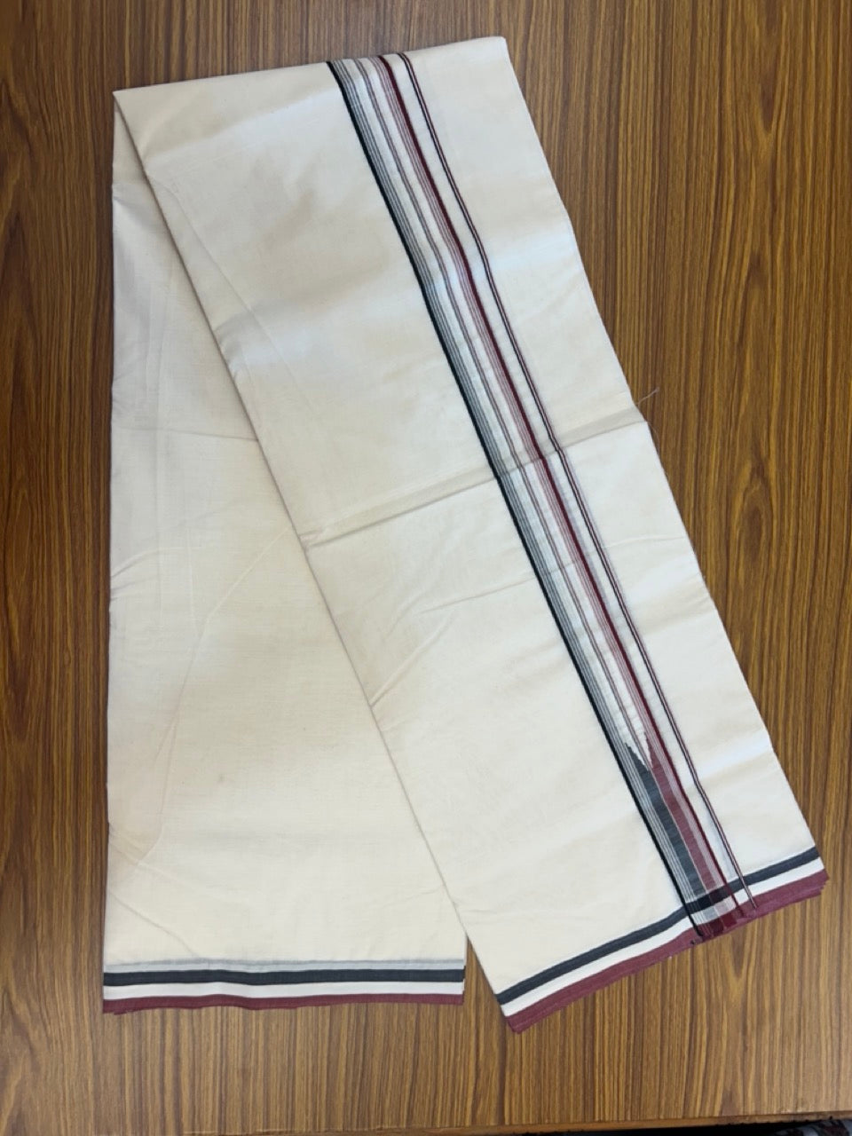 ADMK VESHTI 20% Discount !! KaithariKada Balaramapuram Double Off white - (Unbleached) Mundu/Dhoti - 100X100 - 1.5 inch Puliyilakkara Maroon & Black Striped Chutty Kara - Big Size Dhoti - 1 KK5290 ASH