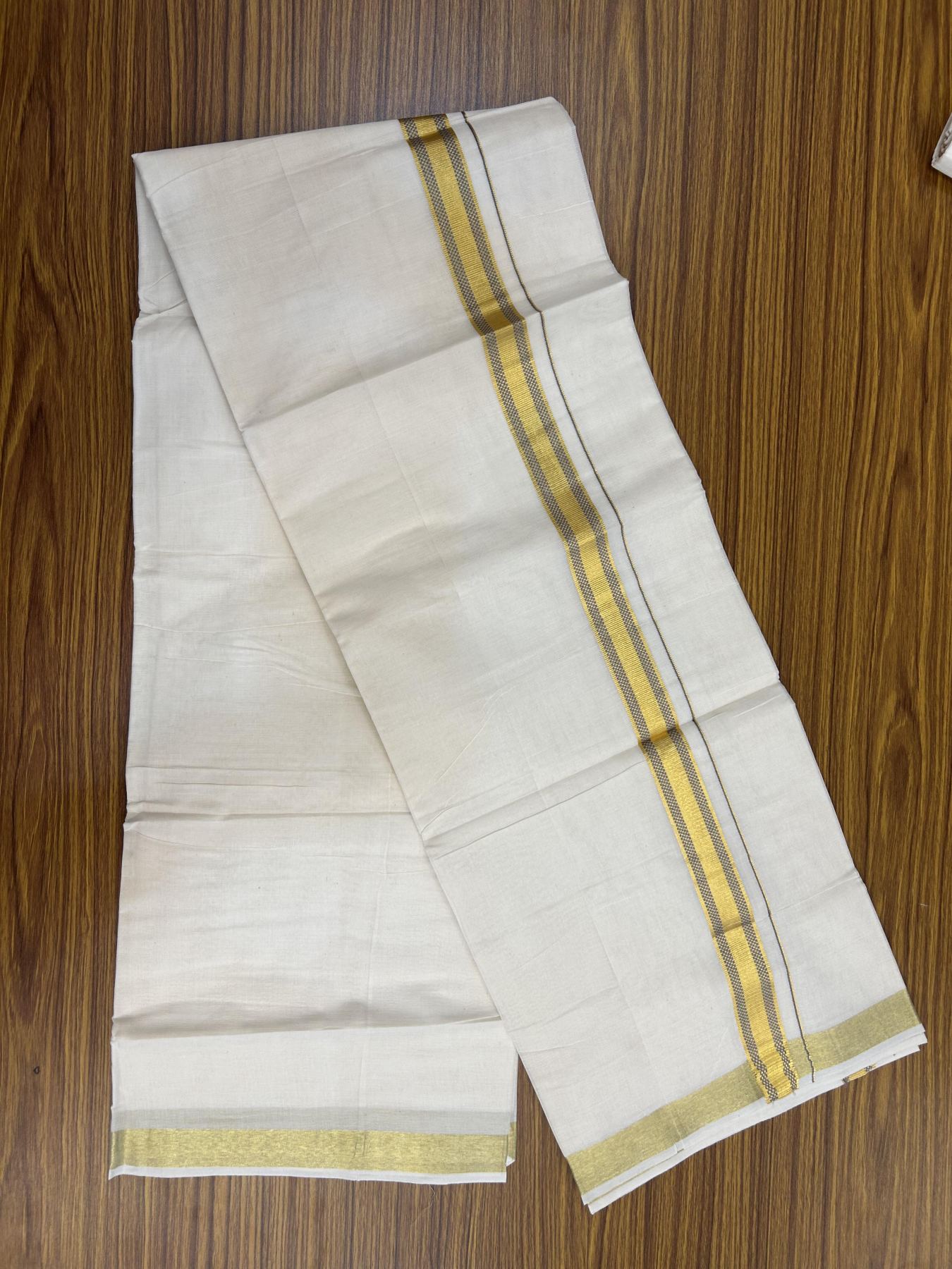 20% Discount! KaithariKada Balaramapuram 100% Cotton Double Off white - (Unbleached) - Mundu/Dhoti - 100x100 - 1 inch Gold Kasav & Grey Jacquard Design Kara 4 mtr (8.5 muzham) - 64 KK5357 VAS