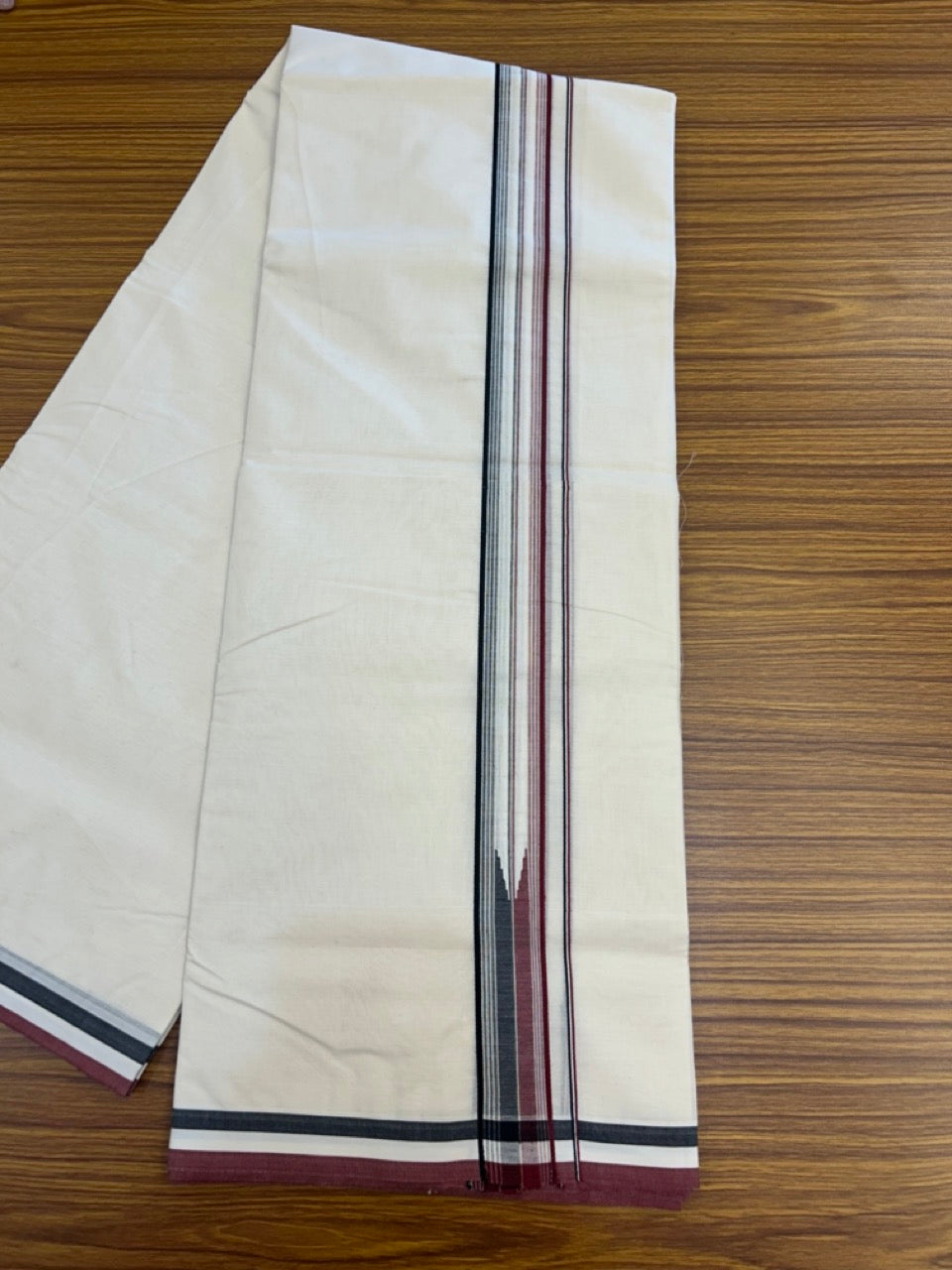 ADMK VESHTI 20% Discount !! KaithariKada Balaramapuram Double Off white - (Unbleached) Mundu/Dhoti - 100X100 - 1.5 inch Puliyilakkara Maroon & Black Striped Chutty Kara - Big Size Dhoti - 1 KK5290 ASH