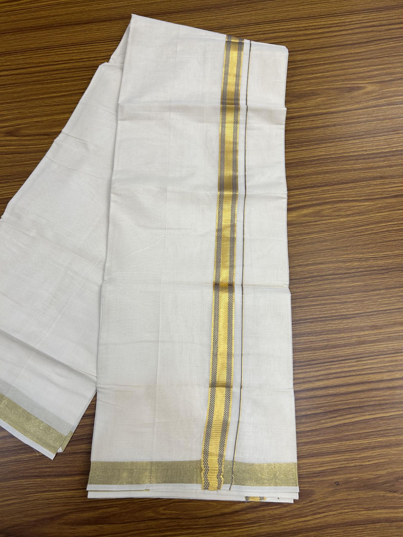 20% Discount! KaithariKada Balaramapuram 100% Cotton Double Off white - (Unbleached) - Mundu/Dhoti - 100x100 - 1 inch Gold Kasav & Grey Jacquard Design Kara 4 mtr (8.5 muzham) - 64 KK5357 VAS