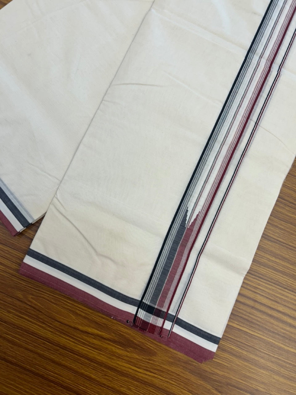 ADMK VESHTI 20% Discount !! KaithariKada Balaramapuram Double Off white - (Unbleached) Mundu/Dhoti - 100X100 - 1.5 inch Puliyilakkara Maroon & Black Striped Chutty Kara - Big Size Dhoti - 1 KK5290 ASH