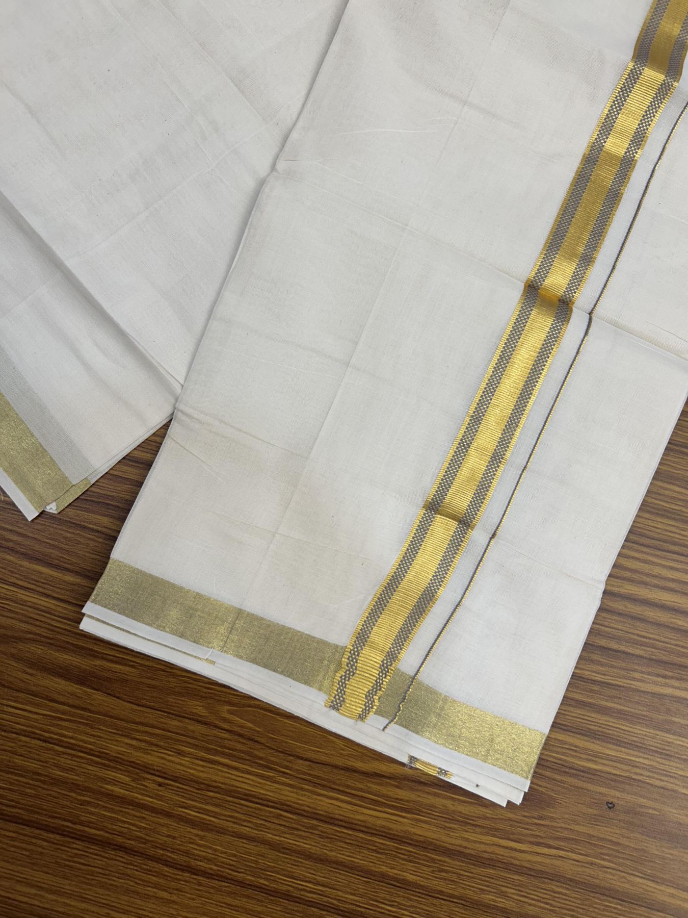20% Discount! KaithariKada Balaramapuram 100% Cotton Double Off white - (Unbleached) - Mundu/Dhoti - 100x100 - 1 inch Gold Kasav & Grey Jacquard Design Kara 4 mtr (8.5 muzham) - 64 KK5357 VAS