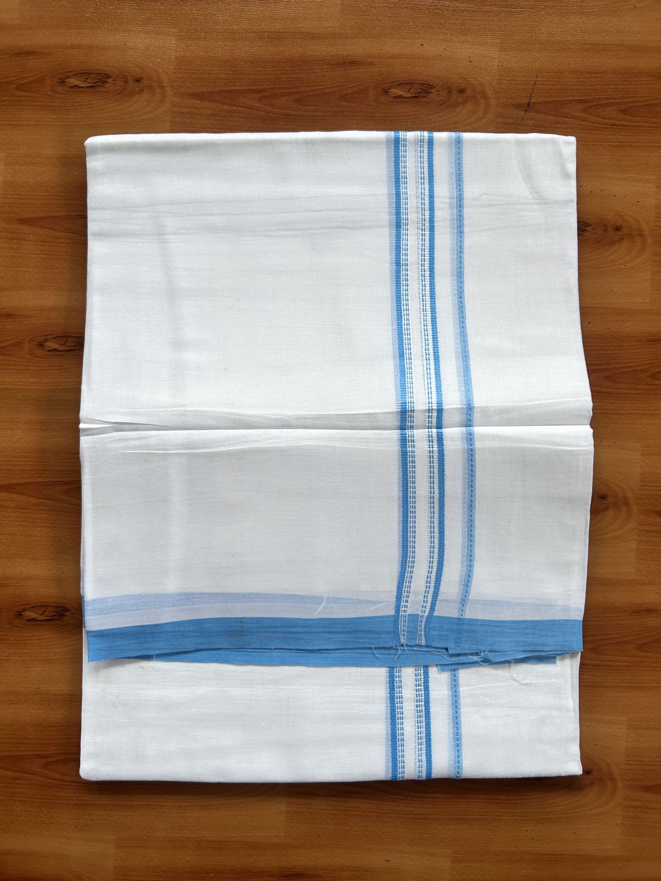 Double Pure White Mundu/Dothi - 20% Discount ! Kaitharikada Balaramapuram Cotton - 60s - 0.75 Inch Sky Blue Striped Kara 3.90 mtr (8 muzham) - 21 KK5437 VAS