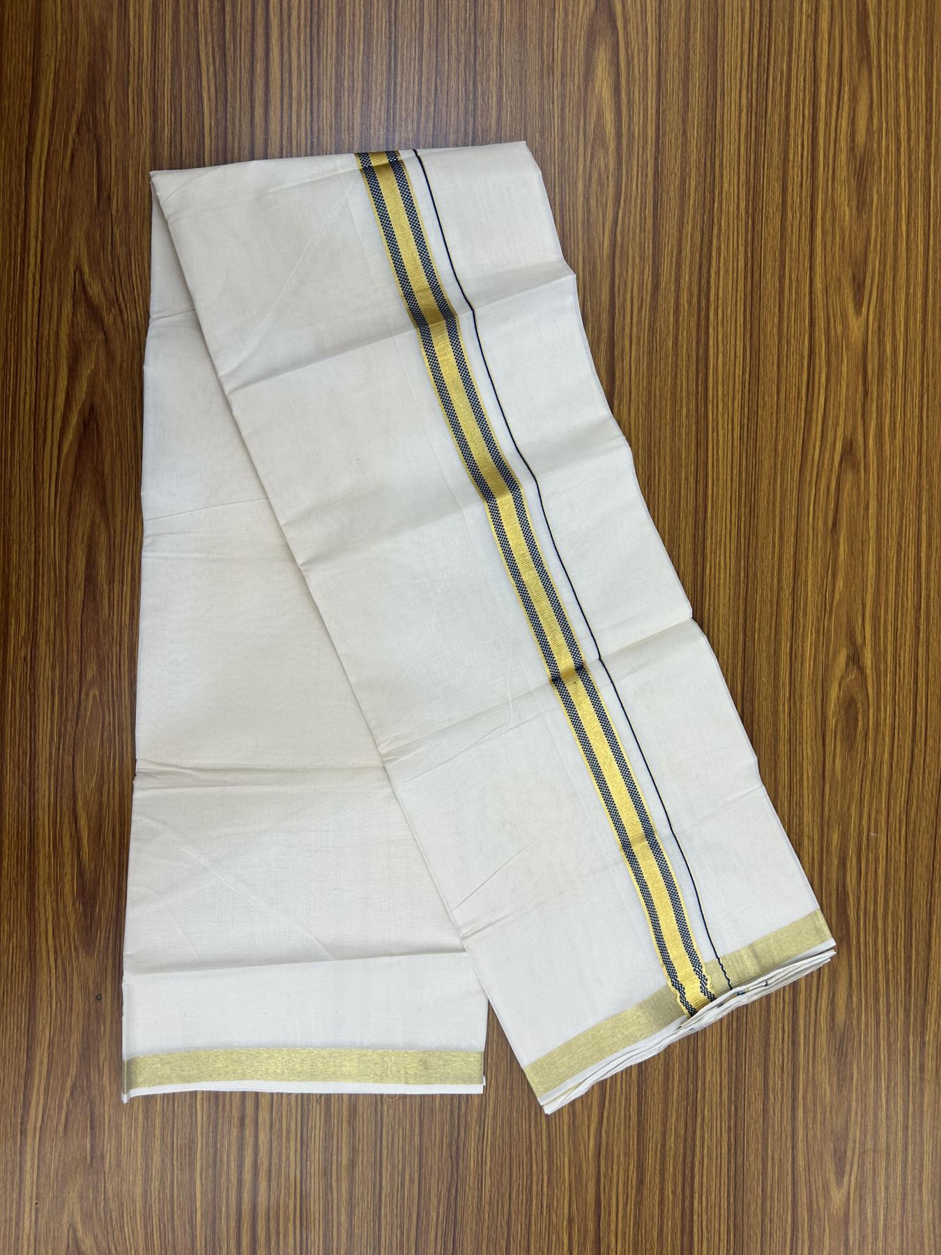 20% Discount! KaithariKada Balaramapuram 100% Cotton Double Off white - (Unbleached) - Mundu/Dhoti - 100x100 - 1 inch Gold Kasav & Blue Jacquard Design Kara 4 mtr (8.5 muzham) - 69 KK5357 VAS