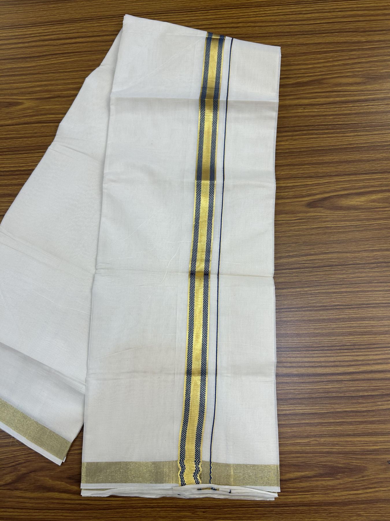 20% Discount! KaithariKada Balaramapuram 100% Cotton Double Off white - (Unbleached) - Mundu/Dhoti - 100x100 - 1 inch Gold Kasav & Blue Jacquard Design Kara 4 mtr (8.5 muzham) - 69 KK5357 VAS