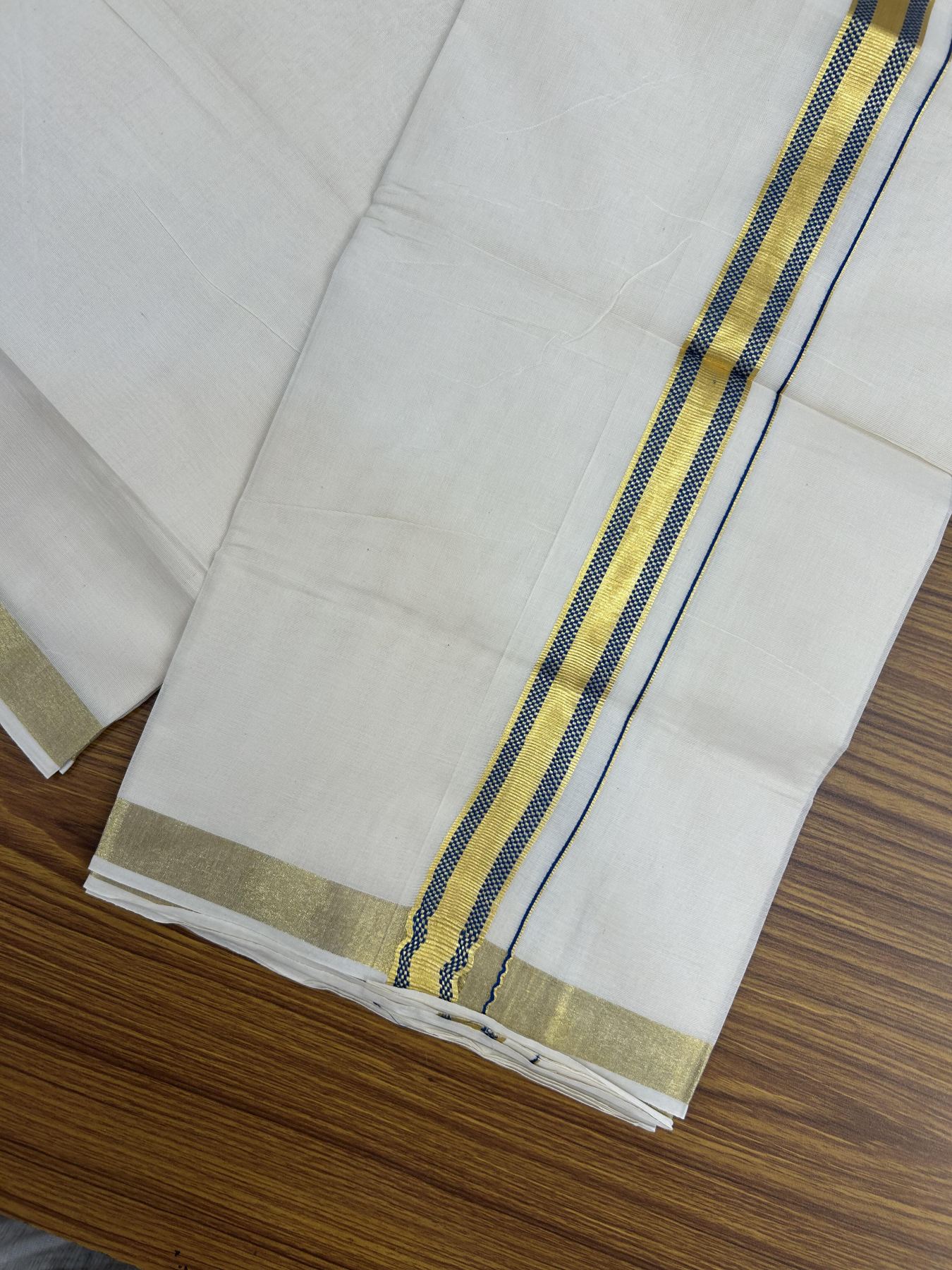 20% Discount! KaithariKada Balaramapuram 100% Cotton Double Off white - (Unbleached) - Mundu/Dhoti - 100x100 - 1 inch Gold Kasav & Blue Jacquard Design Kara 4 mtr (8.5 muzham) - 69 KK5357 VAS