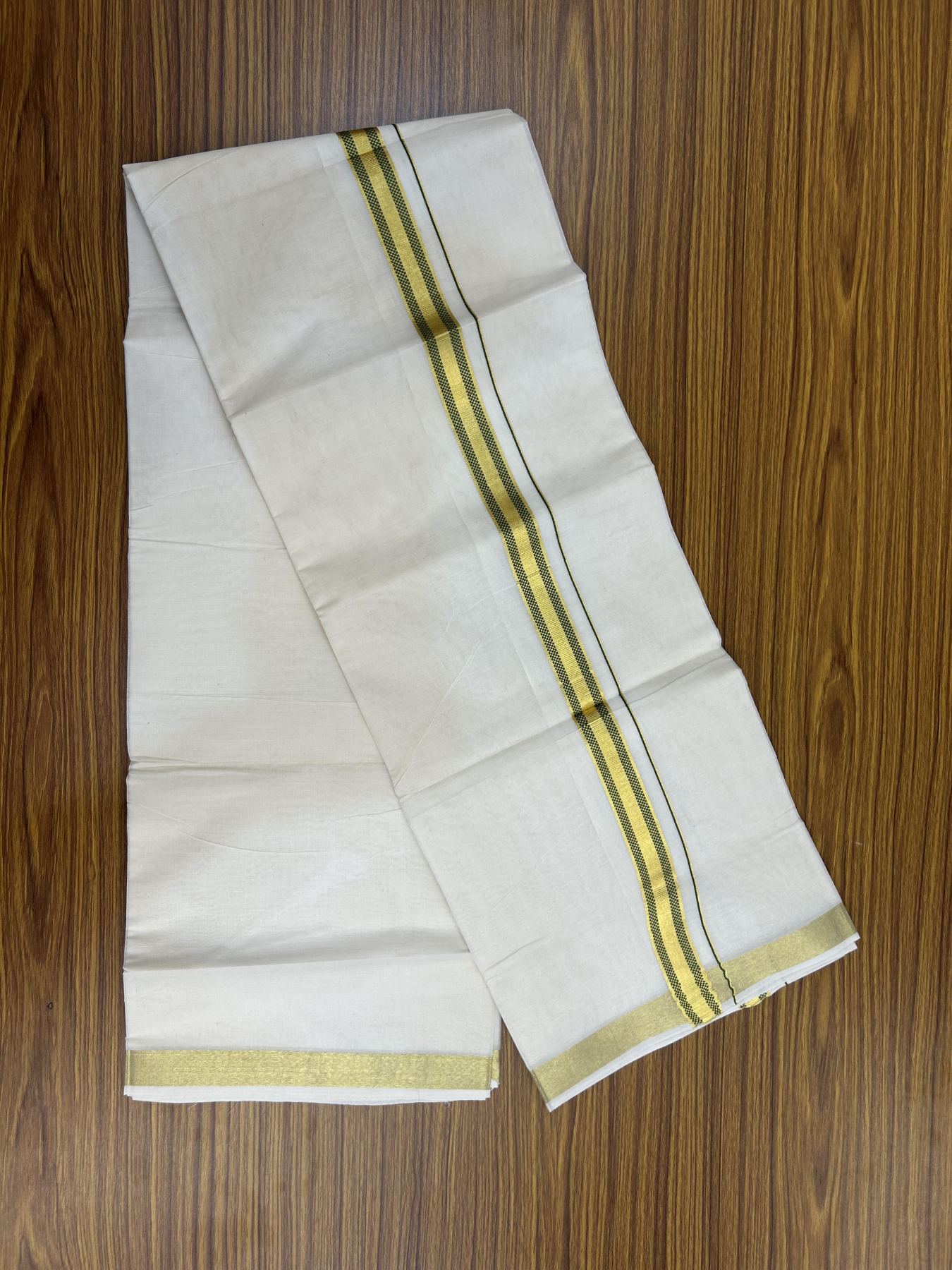 20% Discount! KaithariKada Balaramapuram 100% Cotton Double Off white - (Unbleached) - Mundu/Dhoti - 100x100 - 1 inch Gold Kasav & Green Jacquard Design Kara 4 mtr (8.5 muzham) - 65 KK5357 VAS