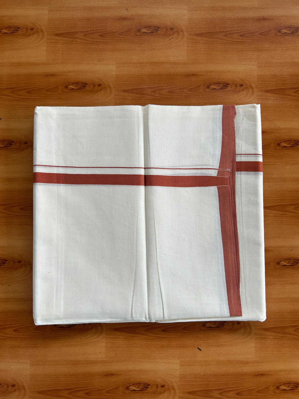 Double Off White (Unbleached) Mundu/Dhoti - 20% Discount!! KaithariKada Pulimood 100% Cotton 80s - 0.5 inch Puliyilakkara Burnt Orange colour Kara - 3.90 mtr (8.5 muzham) - 21 KK5548 VAS