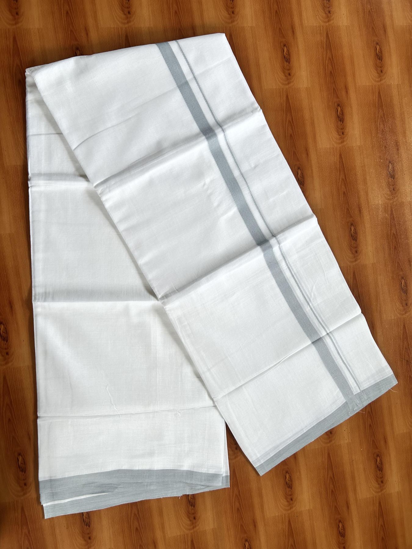 Double Pure White Mundu/Dothi - 20% Discount ! Kaitharikada Balaramapuram Cotton - 60s - 0.75 Inch Ash Blue Kara 3.90 mtr (8 muzham) - 30 KK5437 VAS