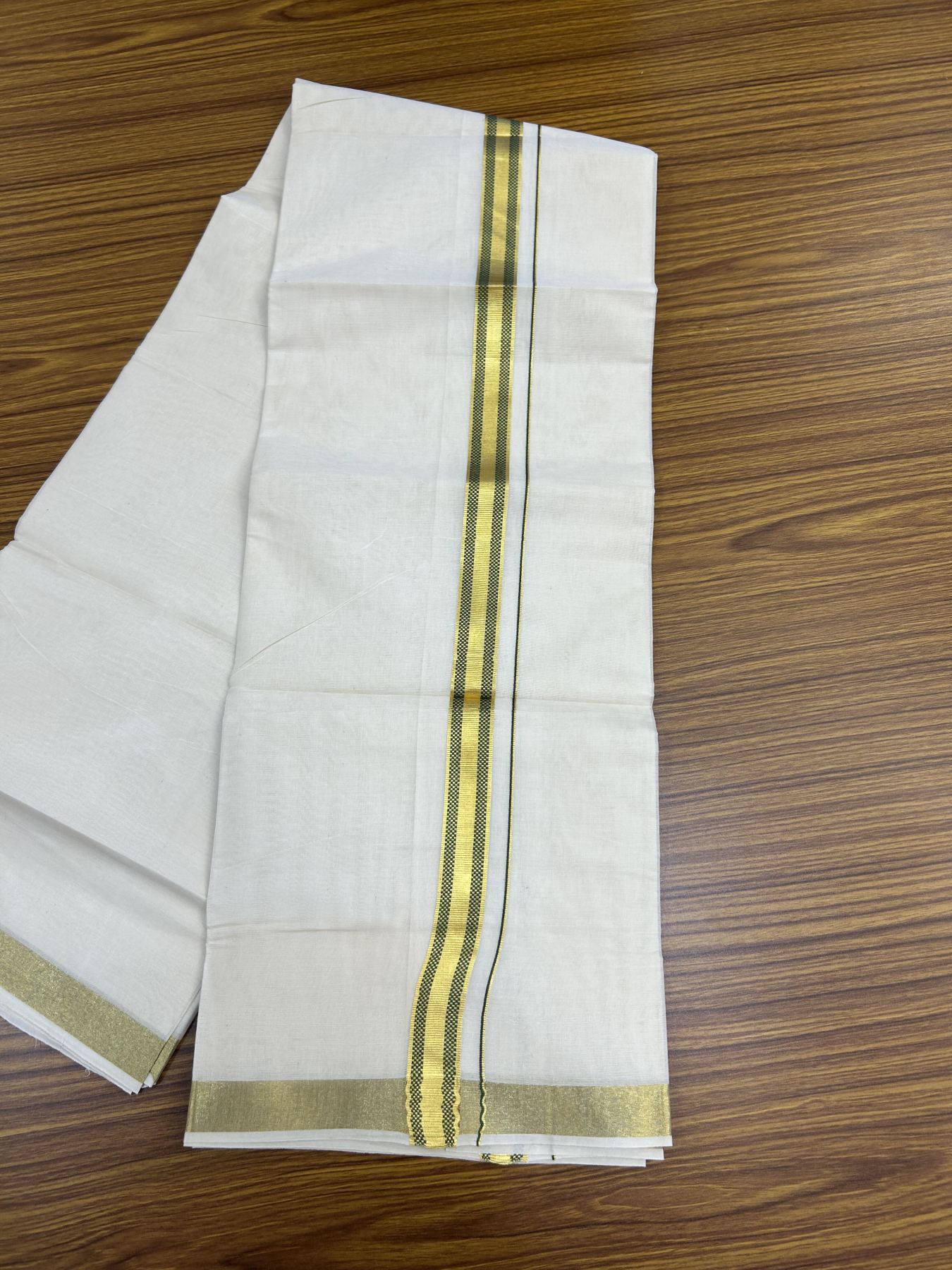 20% Discount! KaithariKada Balaramapuram 100% Cotton Double Off white - (Unbleached) - Mundu/Dhoti - 100x100 - 1 inch Gold Kasav & Green Jacquard Design Kara 4 mtr (8.5 muzham) - 65 KK5357 VAS