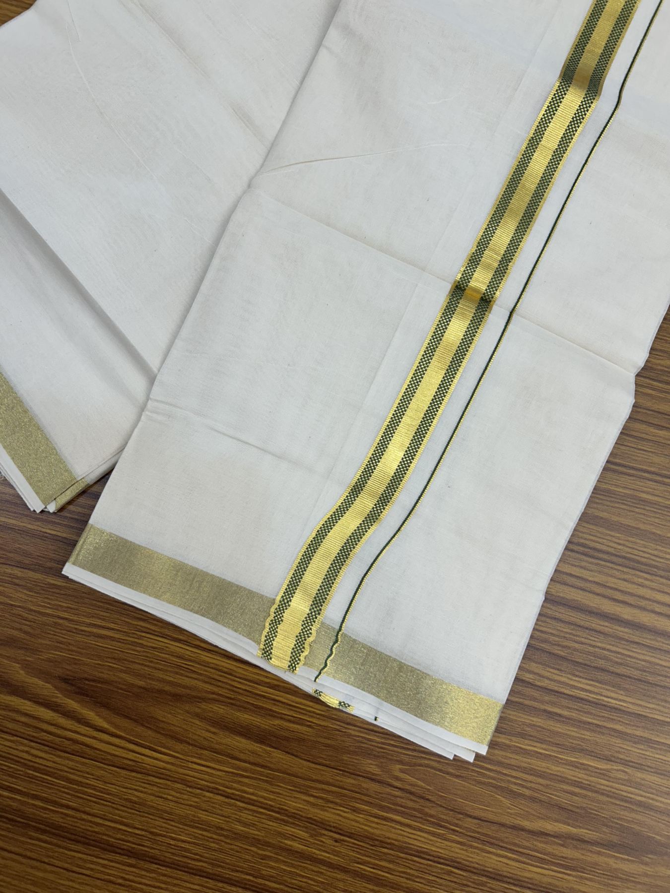 20% Discount! KaithariKada Balaramapuram 100% Cotton Double Off white - (Unbleached) - Mundu/Dhoti - 100x100 - 1 inch Gold Kasav & Green Jacquard Design Kara 4 mtr (8.5 muzham) - 65 KK5357 VAS