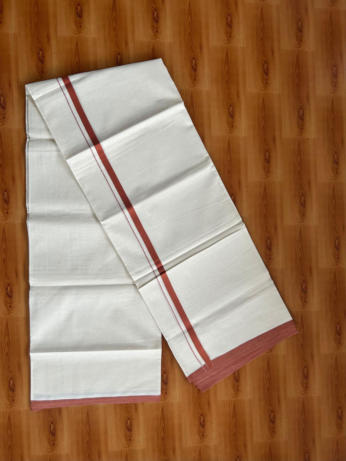 Double Off White (Unbleached) Mundu/Dhoti - 20% Discount!! KaithariKada Pulimood 100% Cotton 80s - 0.5 inch Puliyilakkara Burnt Orange colour Kara - 3.90 mtr (8.5 muzham) - 21 KK5548 VAS