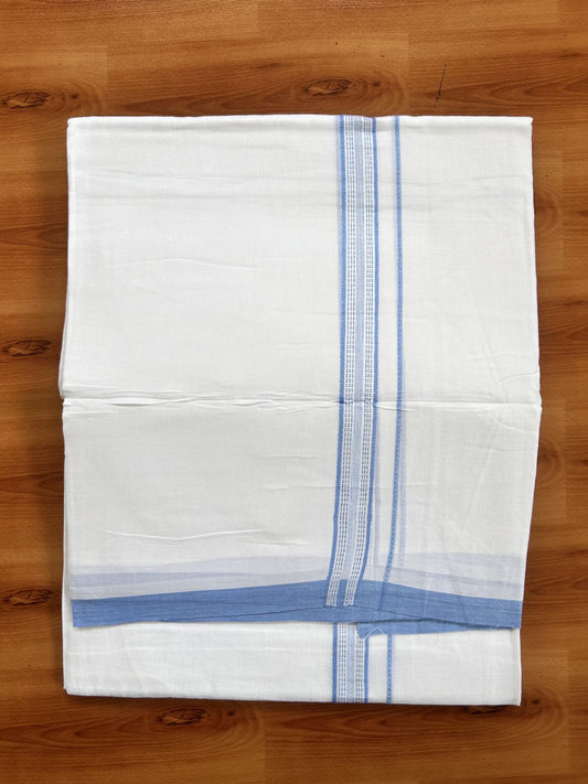 Double Pure White Mundu/Dothi - 20% Discount ! Kaitharikada Balaramapuram Cotton - 60s - 0.75 Inch Pastel Blue Striped Kara 3.90 mtr (8 muzham) - 20 KK5437 VAS