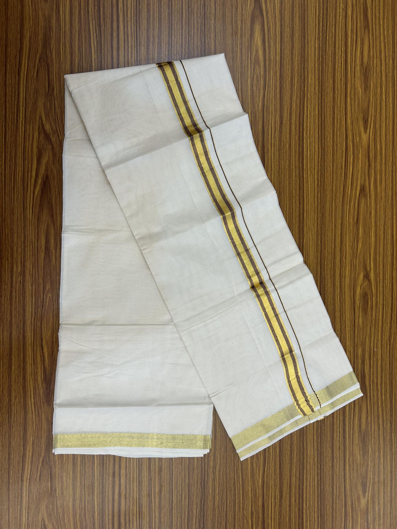 20% Discount! KaithariKada Balaramapuram 100% Cotton Double Off white - (Unbleached) - Mundu/Dhoti - 100x100 - 1 inch Gold Kasav & Dark Maroon Jacquard Design Kara 4 mtr (8.5 muzham) - 66 KK5357 VAS