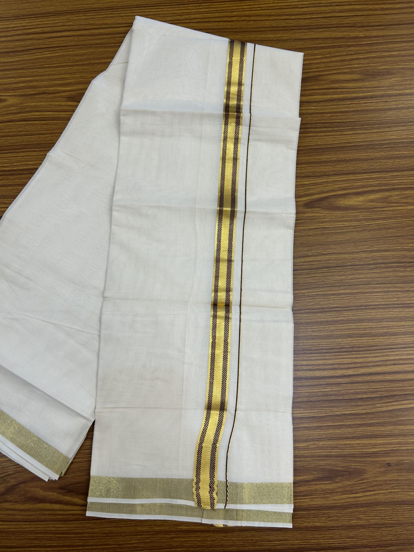 20% Discount! KaithariKada Balaramapuram 100% Cotton Double Off white - (Unbleached) - Mundu/Dhoti - 100x100 - 1 inch Gold Kasav & Dark Maroon Jacquard Design Kara 4 mtr (8.5 muzham) - 66 KK5357 VAS