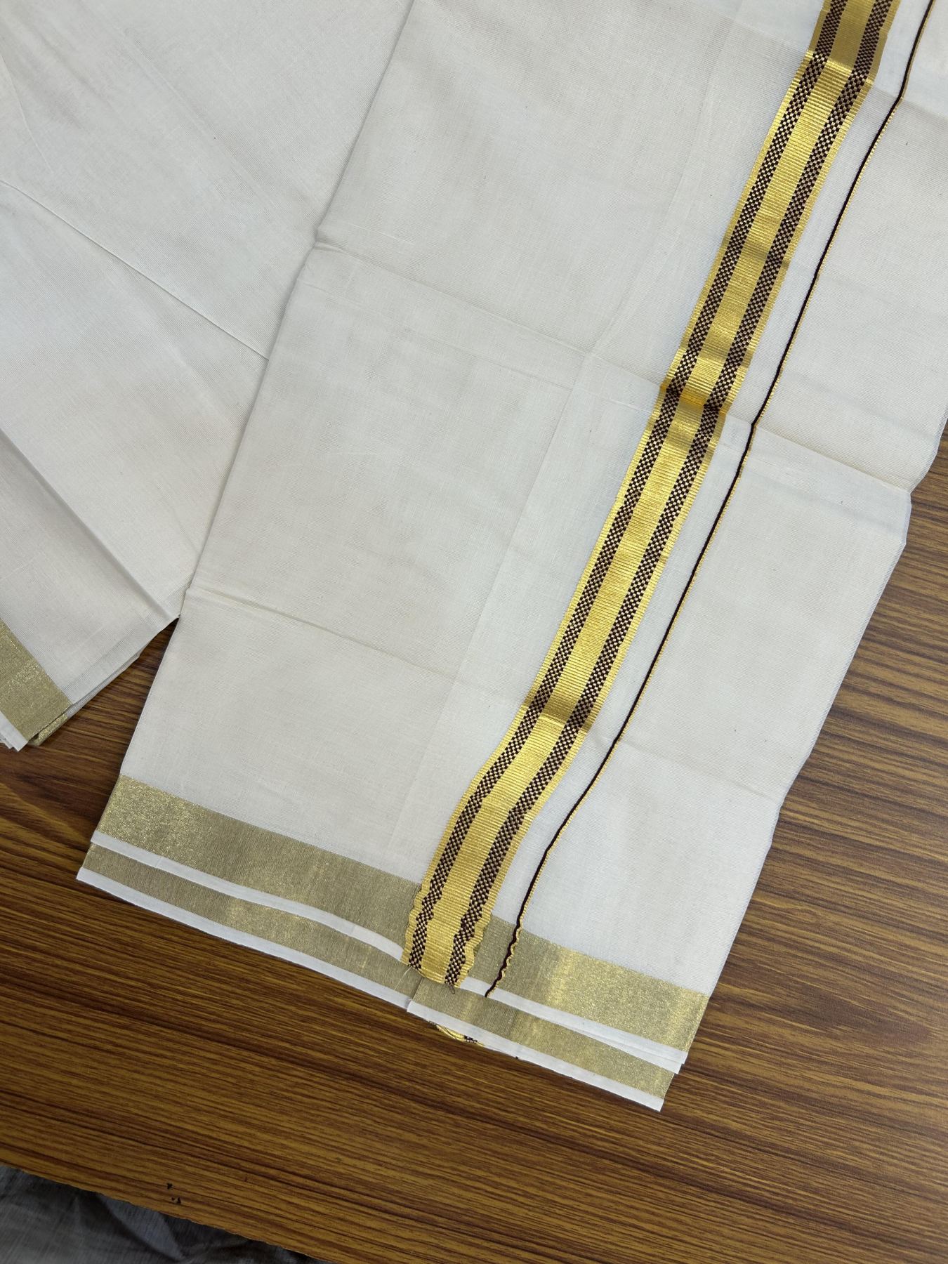 20% Discount! KaithariKada Balaramapuram 100% Cotton Double Off white - (Unbleached) - Mundu/Dhoti - 100x100 - 1 inch Gold Kasav & Dark Maroon Jacquard Design Kara 4 mtr (8.5 muzham) - 66 KK5357 VAS