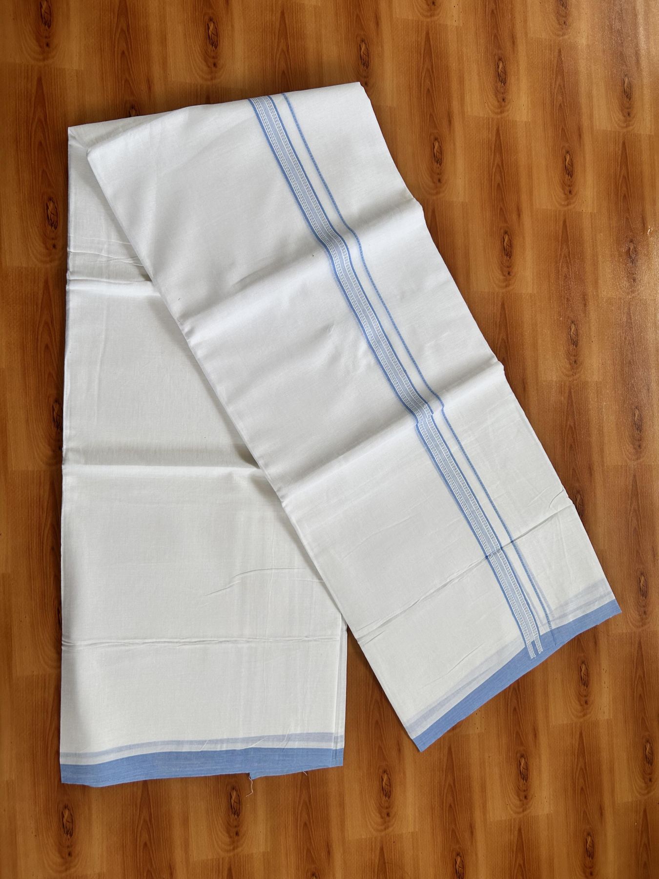 Double Pure White Mundu/Dothi - 20% Discount ! Kaitharikada Balaramapuram Cotton - 60s - 0.75 Inch Pastel Blue Striped Kara 3.90 mtr (8 muzham) - 20 KK5437 VAS