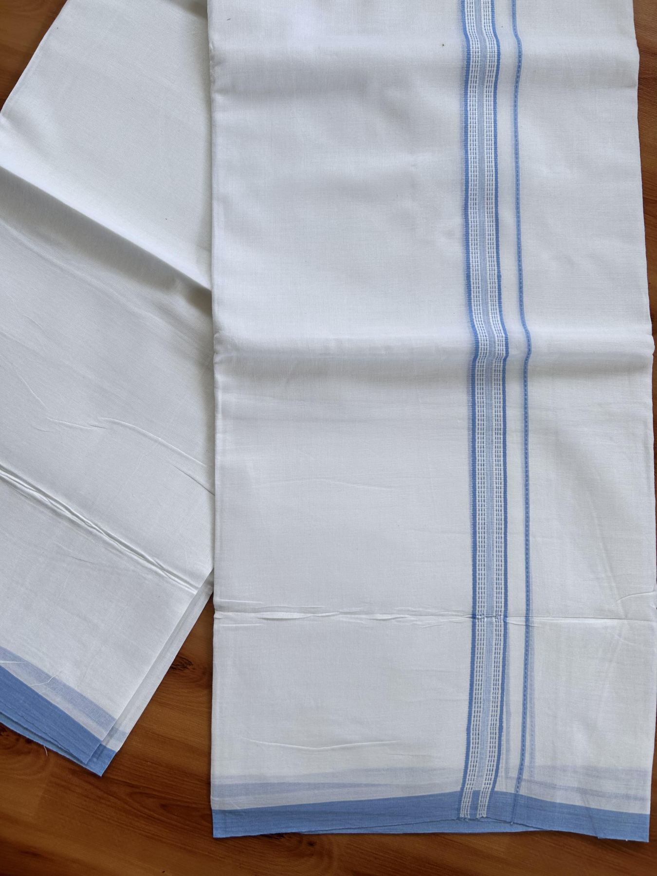 Double Pure White Mundu/Dothi - 20% Discount ! Kaitharikada Balaramapuram Cotton - 60s - 0.75 Inch Pastel Blue Striped Kara 3.90 mtr (8 muzham) - 20 KK5437 VAS