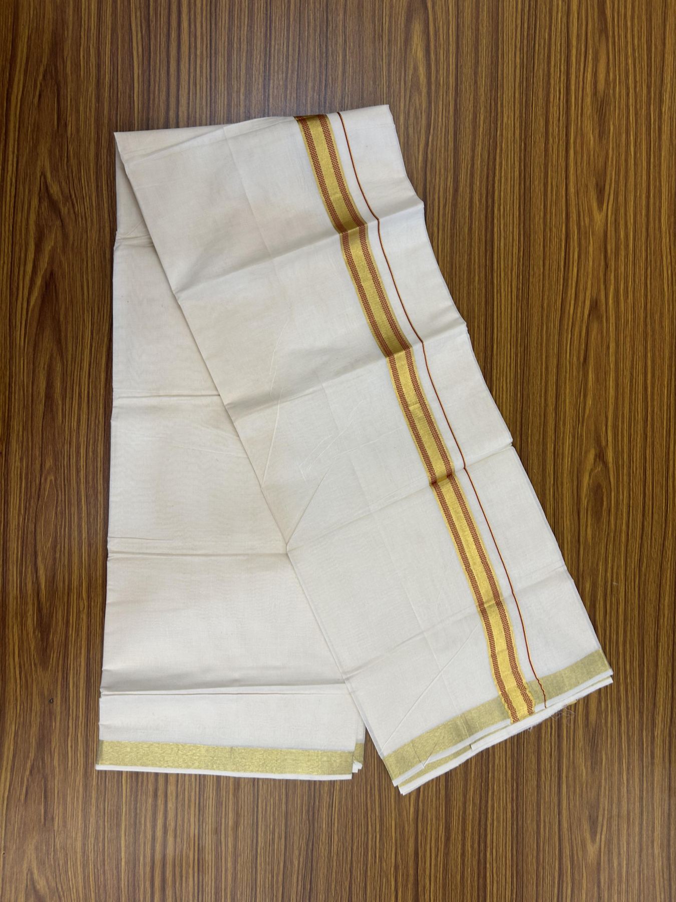 20% Discount! KaithariKada Balaramapuram 100% Cotton Double Off white - (Unbleached) - Mundu/Dhoti - 100x100 - 1 inch Gold Kasav & Red Jacquard Design Kara 4 mtr (8.5 muzham) - 70 KK5357 VAS