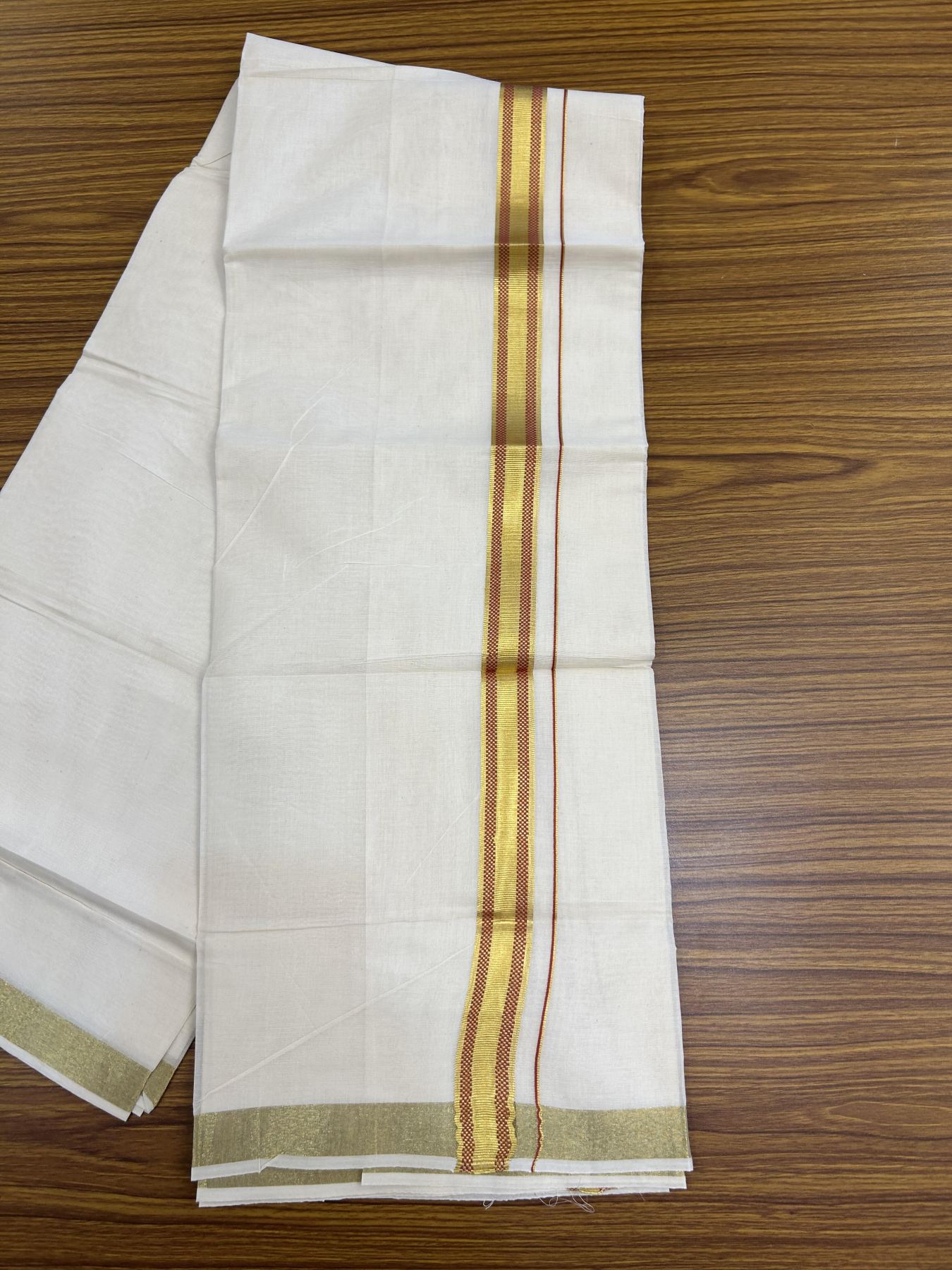 20% Discount! KaithariKada Balaramapuram 100% Cotton Double Off white - (Unbleached) - Mundu/Dhoti - 100x100 - 1 inch Gold Kasav & Red Jacquard Design Kara 4 mtr (8.5 muzham) - 70 KK5357 VAS