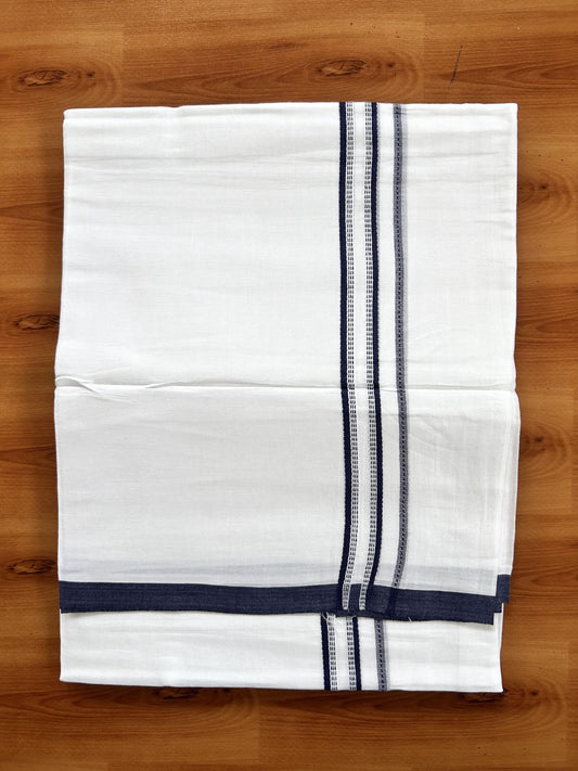 Double Pure White Mundu/Dothi - 20% Discount ! Kaitharikada Balaramapuram Cotton - 60s - 0.75 Inch Dark Blue Striped Kara 3.90 mtr (8 muzham) - 15 KK5437 VAS