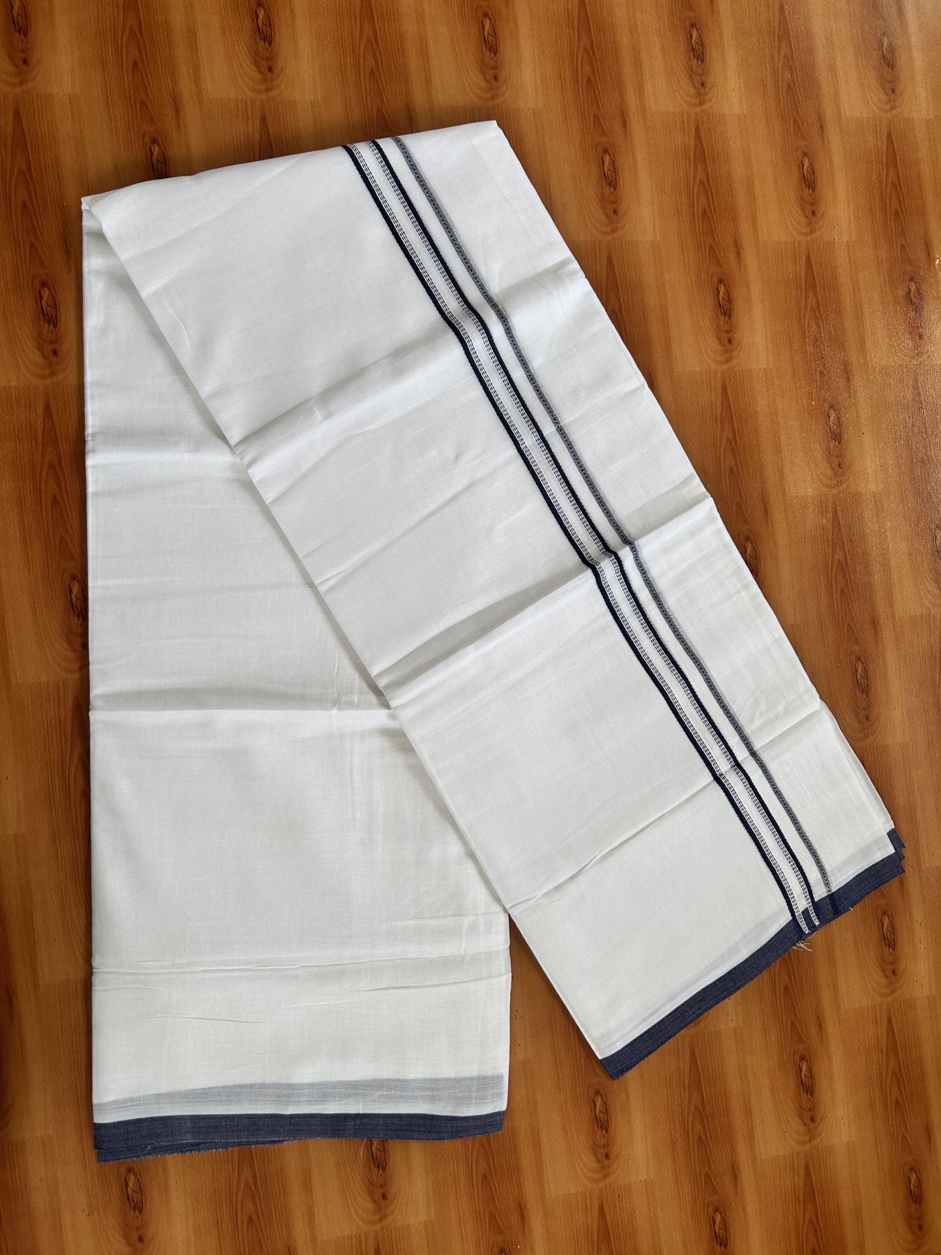 Double Pure White Mundu/Dothi - 20% Discount ! Kaitharikada Balaramapuram Cotton - 60s - 0.75 Inch Dark Blue Striped Kara 3.90 mtr (8 muzham) - 15 KK5437 VAS