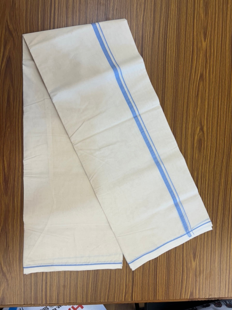 20% DISCOUNT! KaithariKada Balaramapuram 100% Cotton Double Off white - (Unbleached) - Mundu/Dhoti- 100x100 - 1 cm Blue Shaded Thin Kara - 4 mtr ( 8.5 muzham)-  5 KK5290 ASH