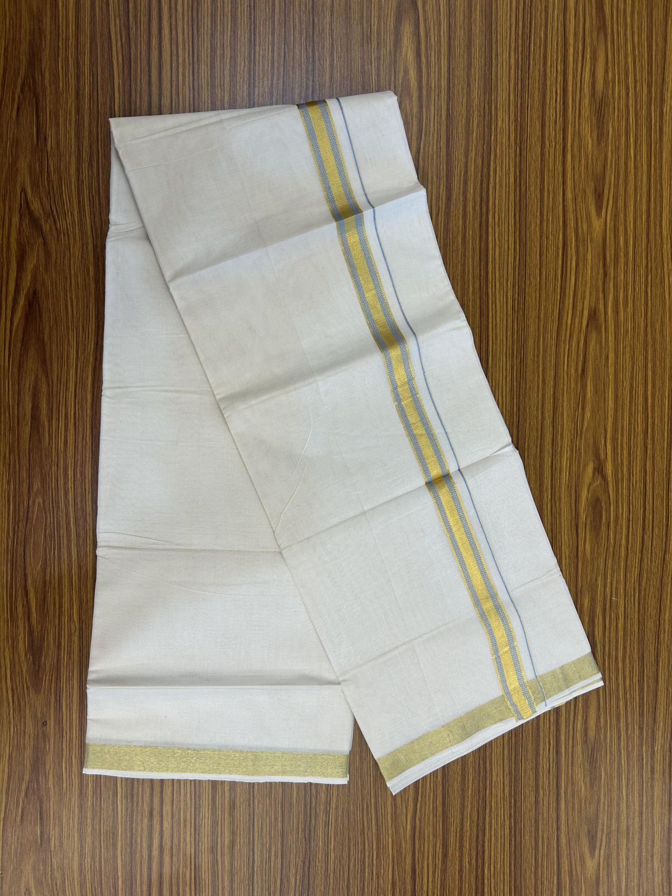 20% Discount! KaithariKada Balaramapuram 100% Cotton Double Off white - (Unbleached) - Mundu/Dhoti - 100x100 - 1 inch Gold Kasav & Sky Blue Jacquard Design Kara 4 mtr (8.5 muzham) - 63 KK5357 VAS