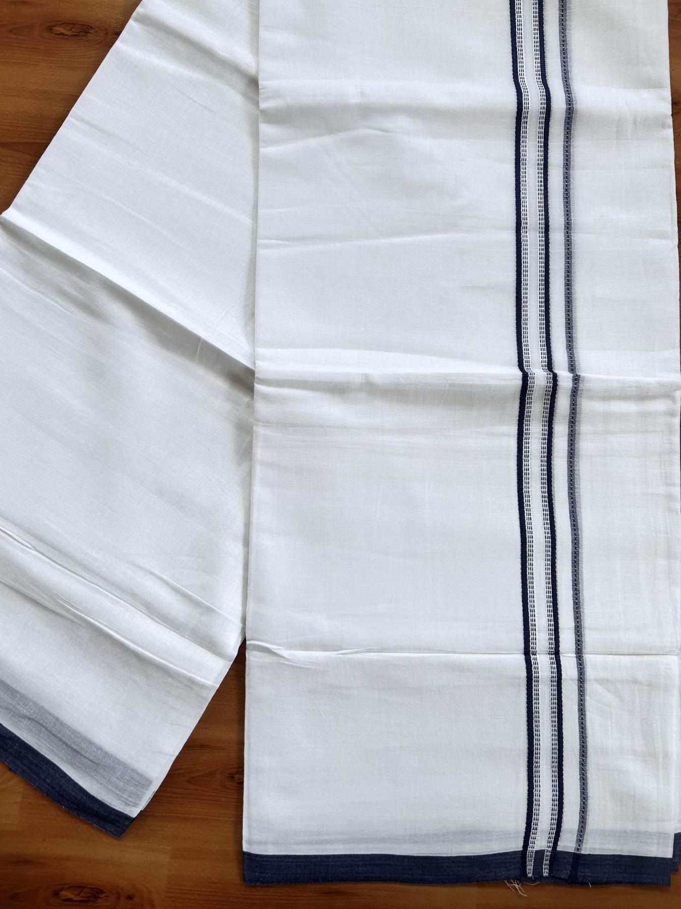 Double Pure White Mundu/Dothi - 20% Discount ! Kaitharikada Balaramapuram Cotton - 60s - 0.75 Inch Dark Blue Striped Kara 3.90 mtr (8 muzham) - 15 KK5437 VAS