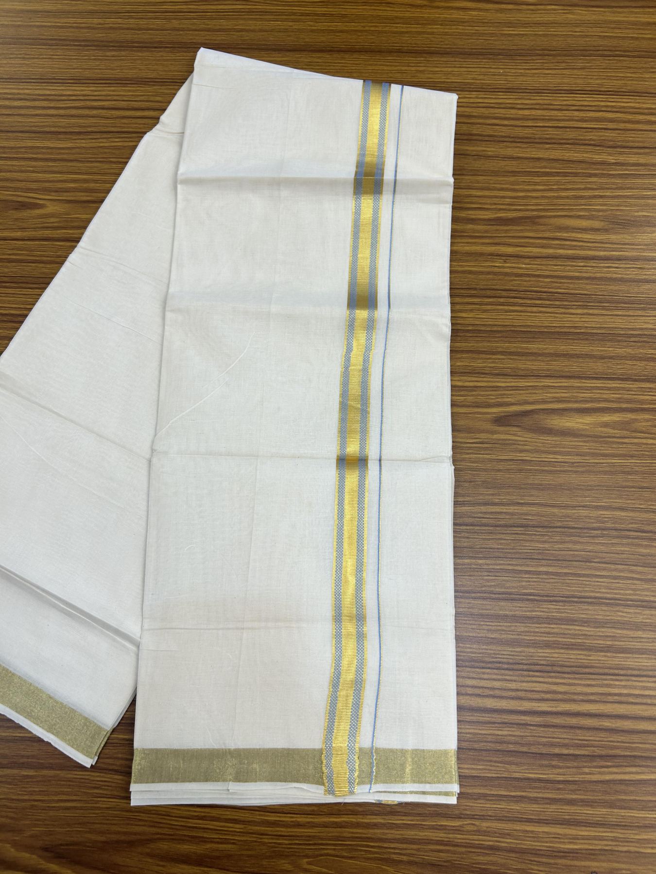 20% Discount! KaithariKada Balaramapuram 100% Cotton Double Off white - (Unbleached) - Mundu/Dhoti - 100x100 - 1 inch Gold Kasav & Sky Blue Jacquard Design Kara 4 mtr (8.5 muzham) - 63 KK5357 VAS