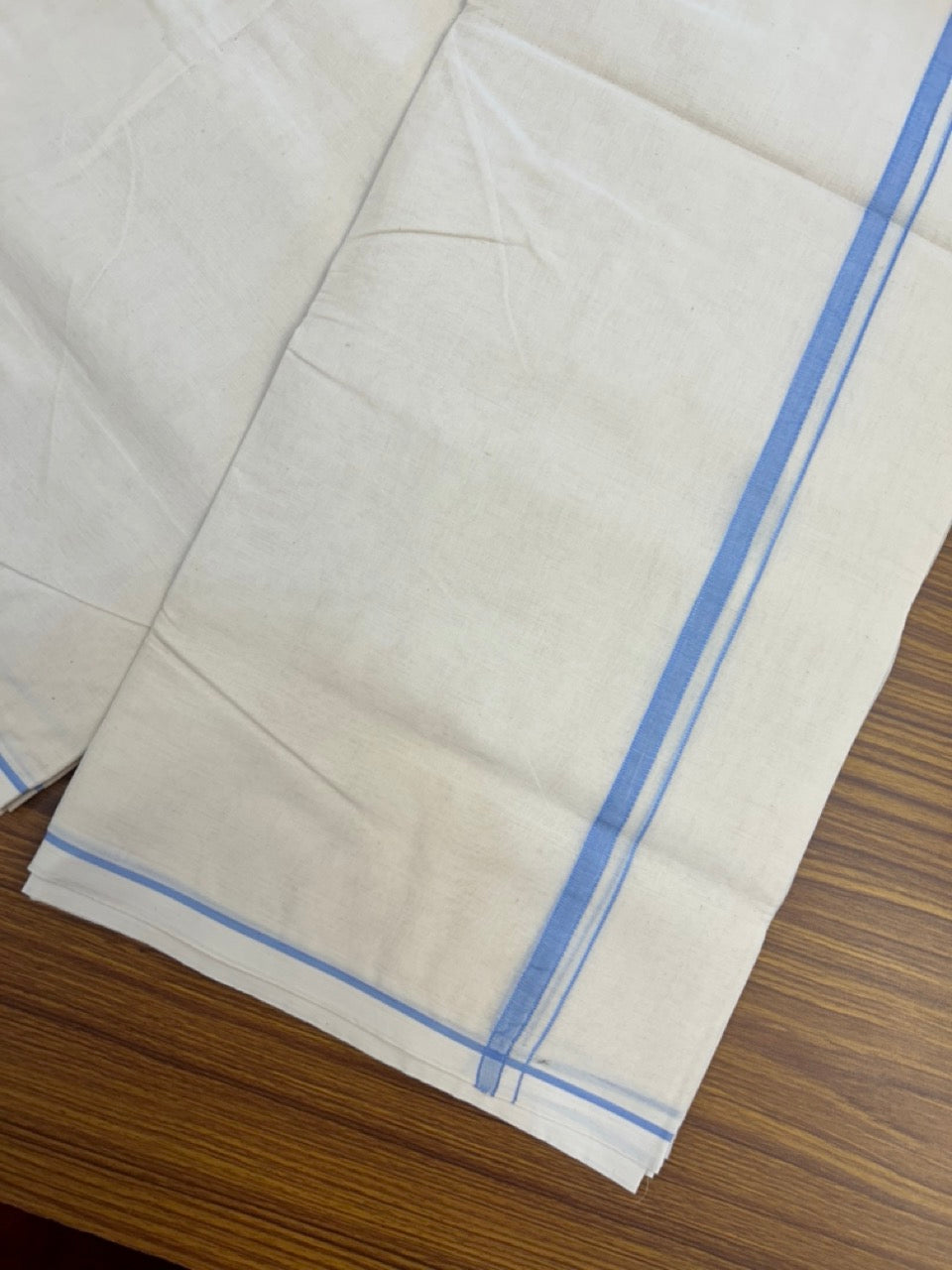 20% DISCOUNT! KaithariKada Balaramapuram 100% Cotton Double Off white - (Unbleached) - Mundu/Dhoti- 100x100 - 1 cm Blue Shaded Thin Kara - 4 mtr ( 8.5 muzham)-  5 KK5290 ASH