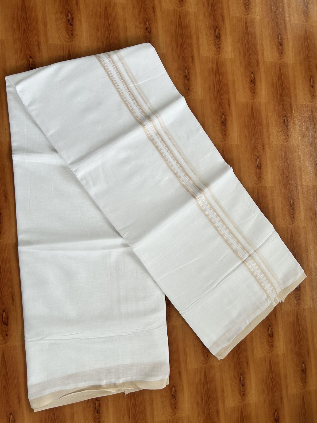 Double Pure White Mundu/Dothi - 20% Discount ! Kaitharikada Balaramapuram Cotton - 60s - 0.75 Inch Beige Striped Kara 3.90 mtr (8 muzham) - 13 KK5437 VAS