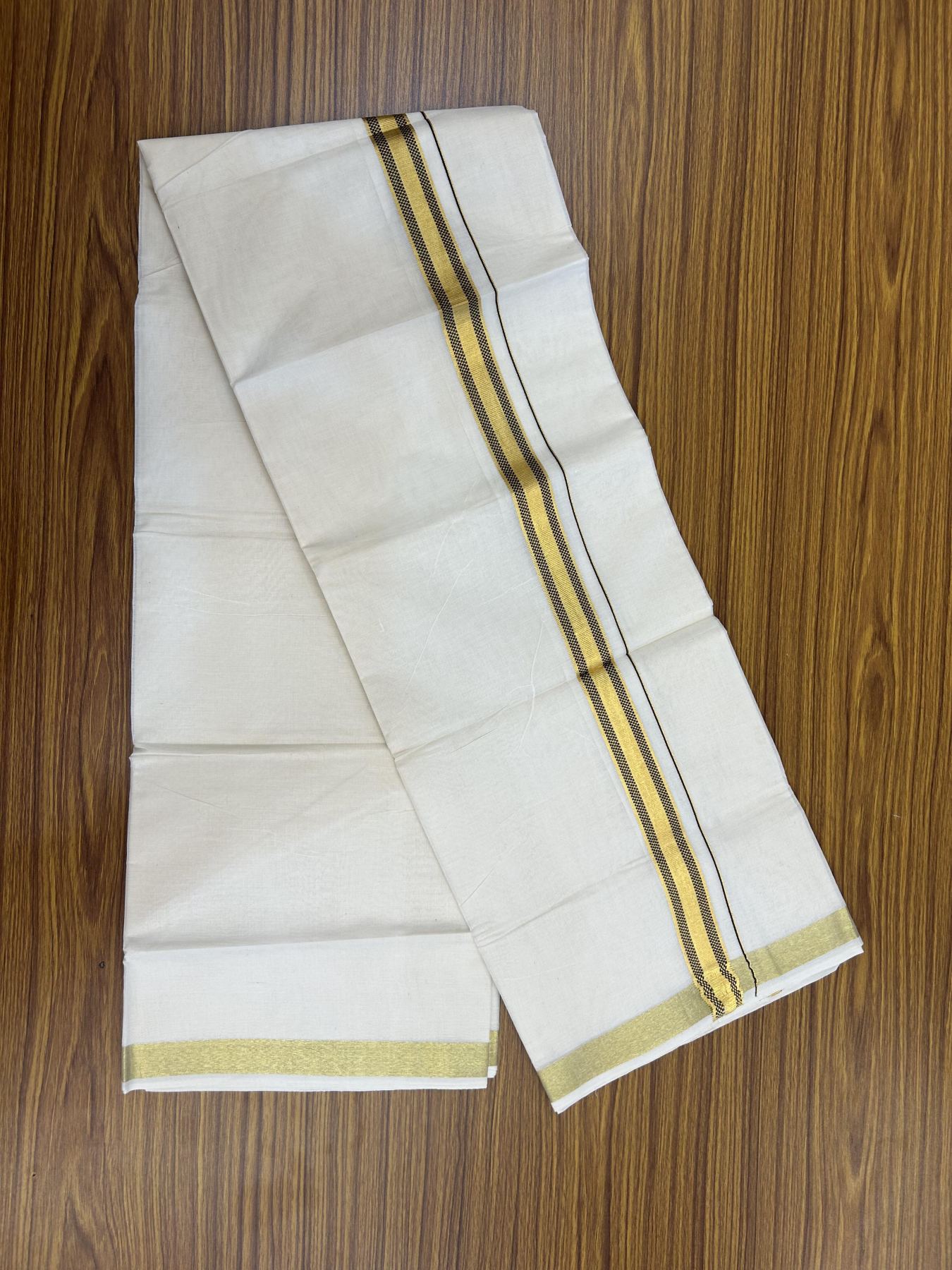 20% Discount! KaithariKada Balaramapuram 100% Cotton Double Off white - (Unbleached) - Mundu/Dhoti - 100x100 - 1 inch Gold Kasav & Dark Chocolate Brown Jacquard Design Kara 4 mtr (8.5 muzham) - 68 KK5357 VAS